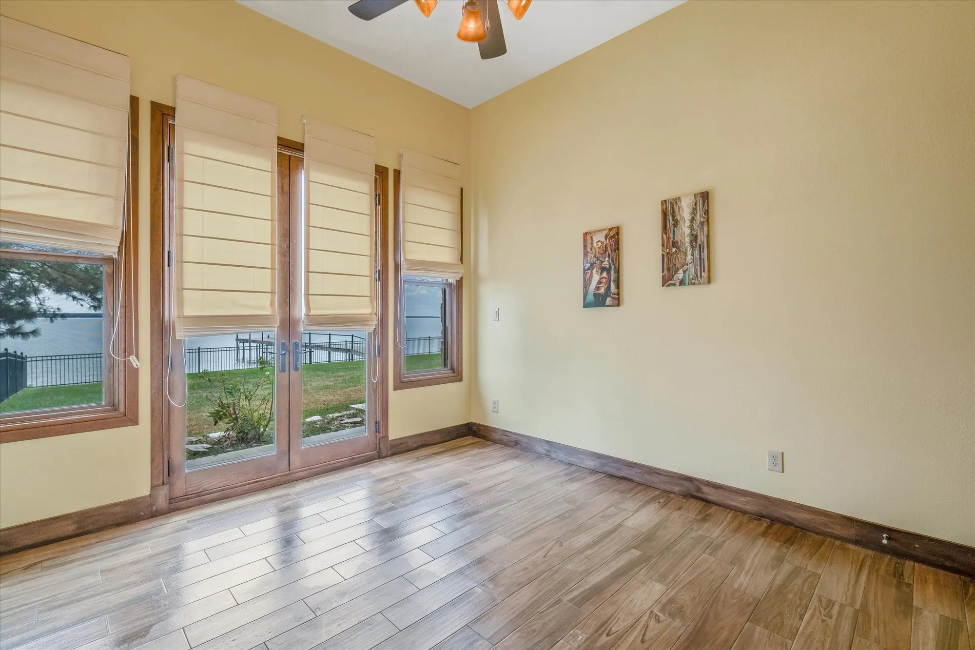 Wood-finish flooring with baseboard trim