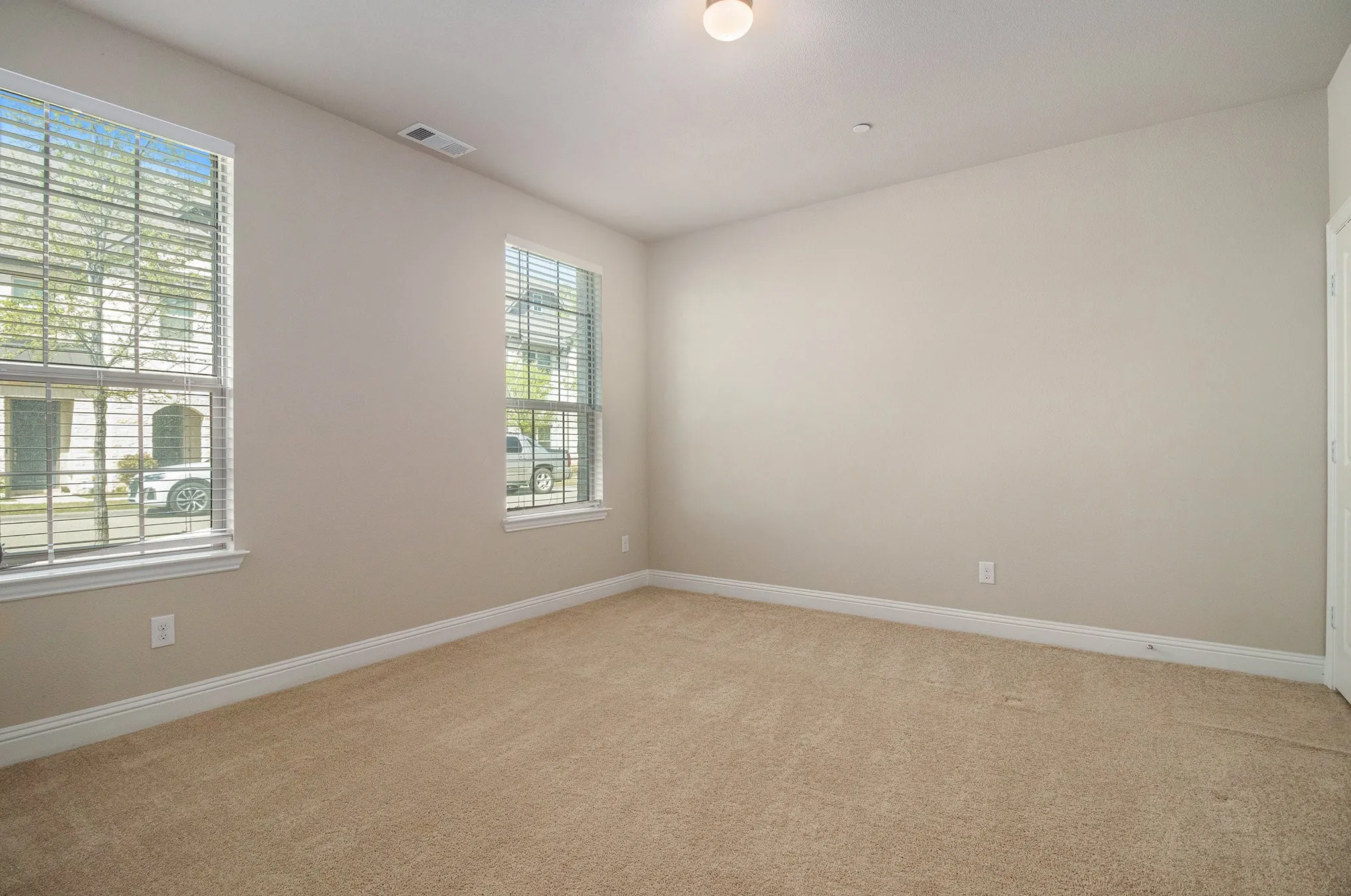 Neutral-toned walls and plush carpeting, featuring two windows with horizontal blinds and a flush-mount ceiling light