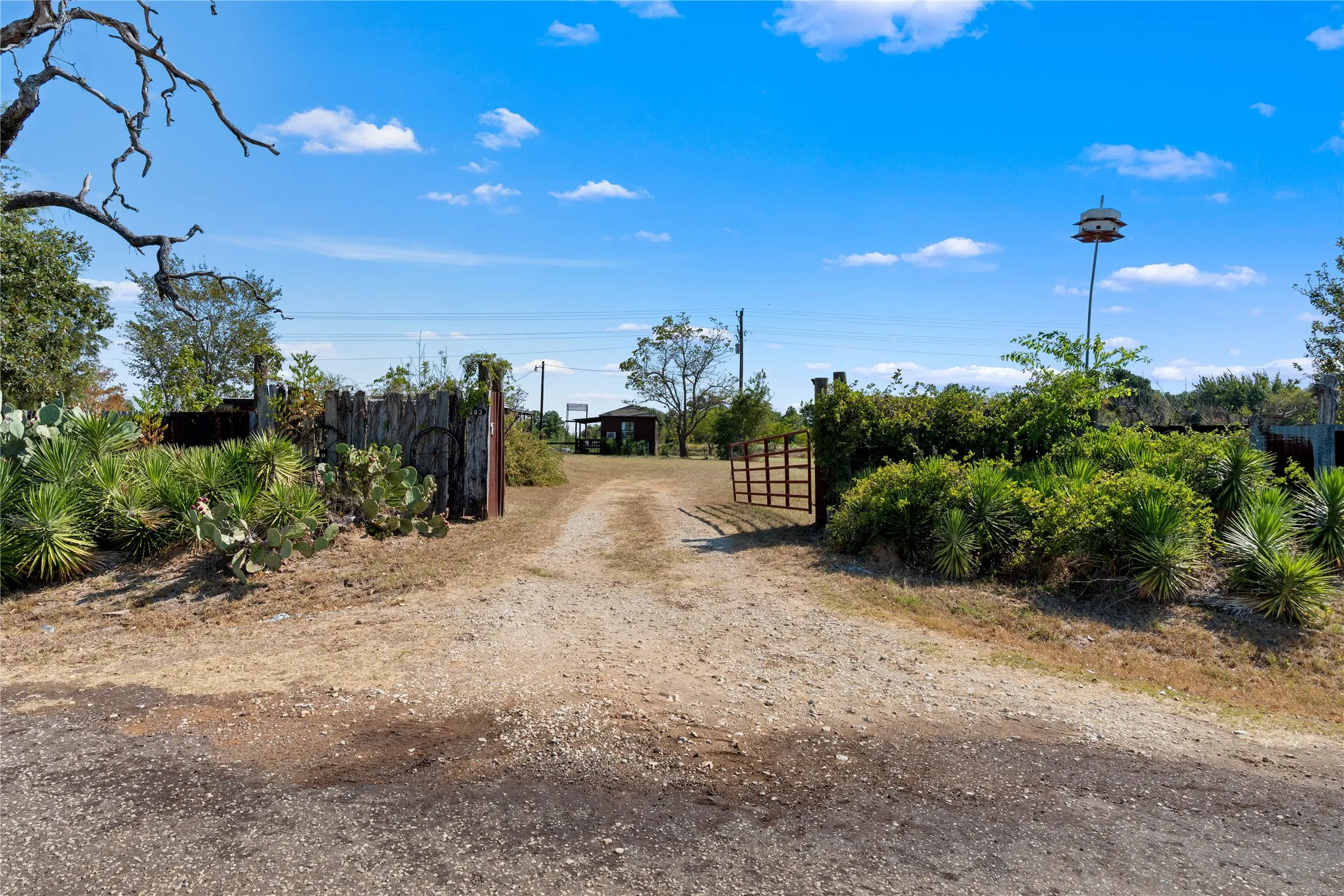 Gravel driveway leading to a gated entrance