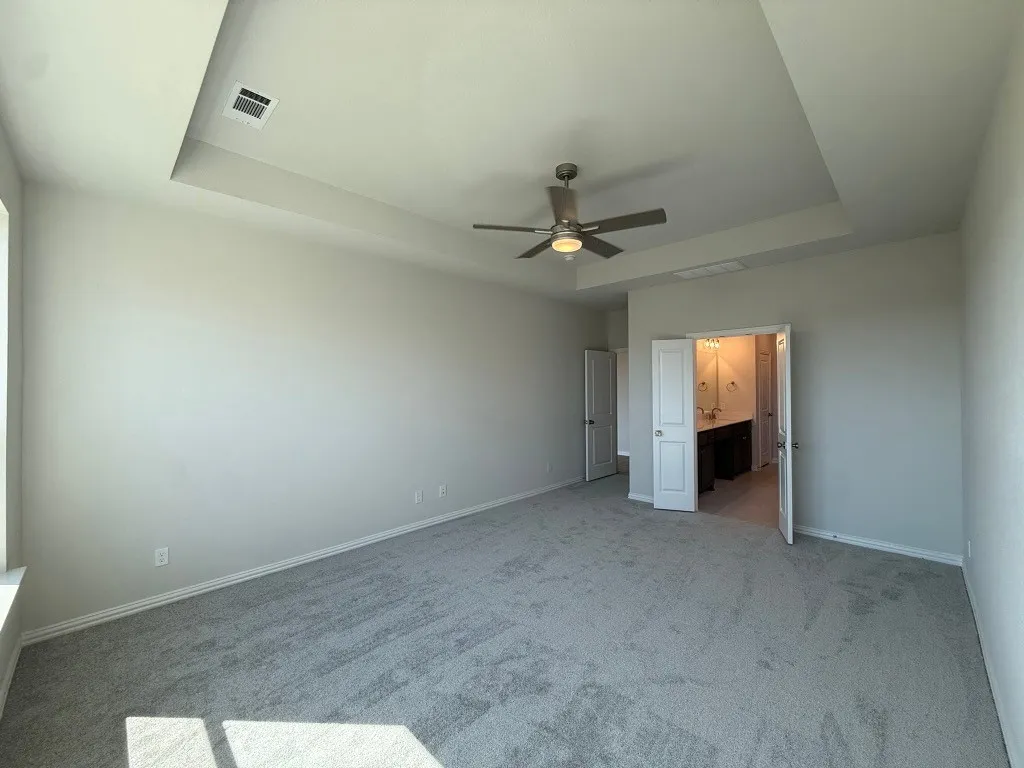 Tray ceiling with a ceiling fan, carpeted flooring, and a bathroom with a dual vanity and mirror