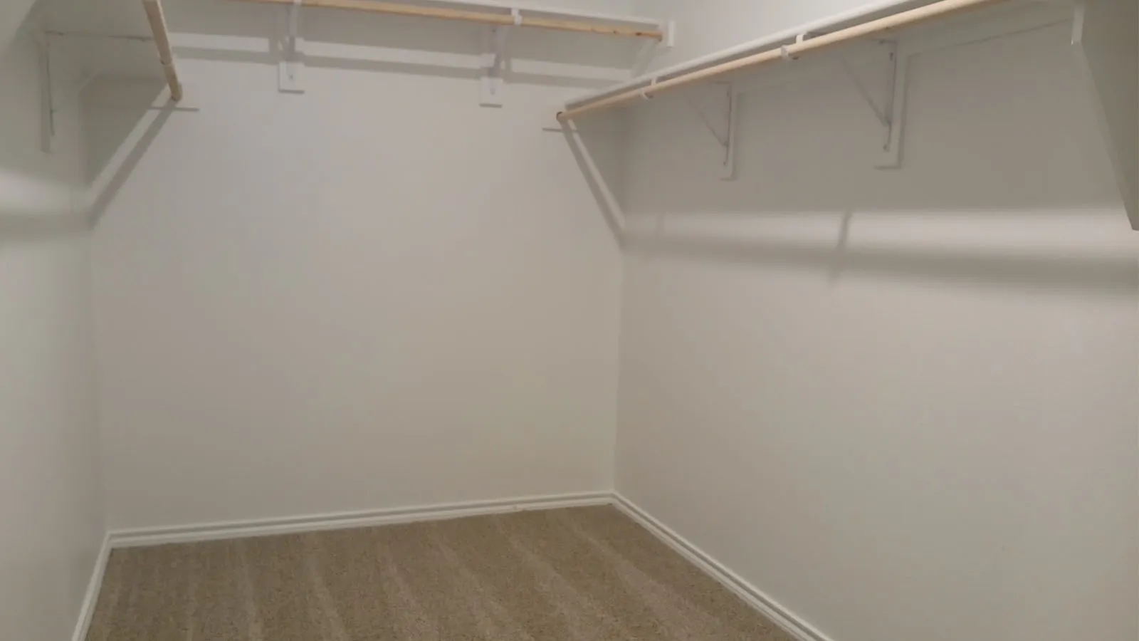 Walk-in closet featuring light-colored carpeting, white walls, and built-in shelving with hanging rods