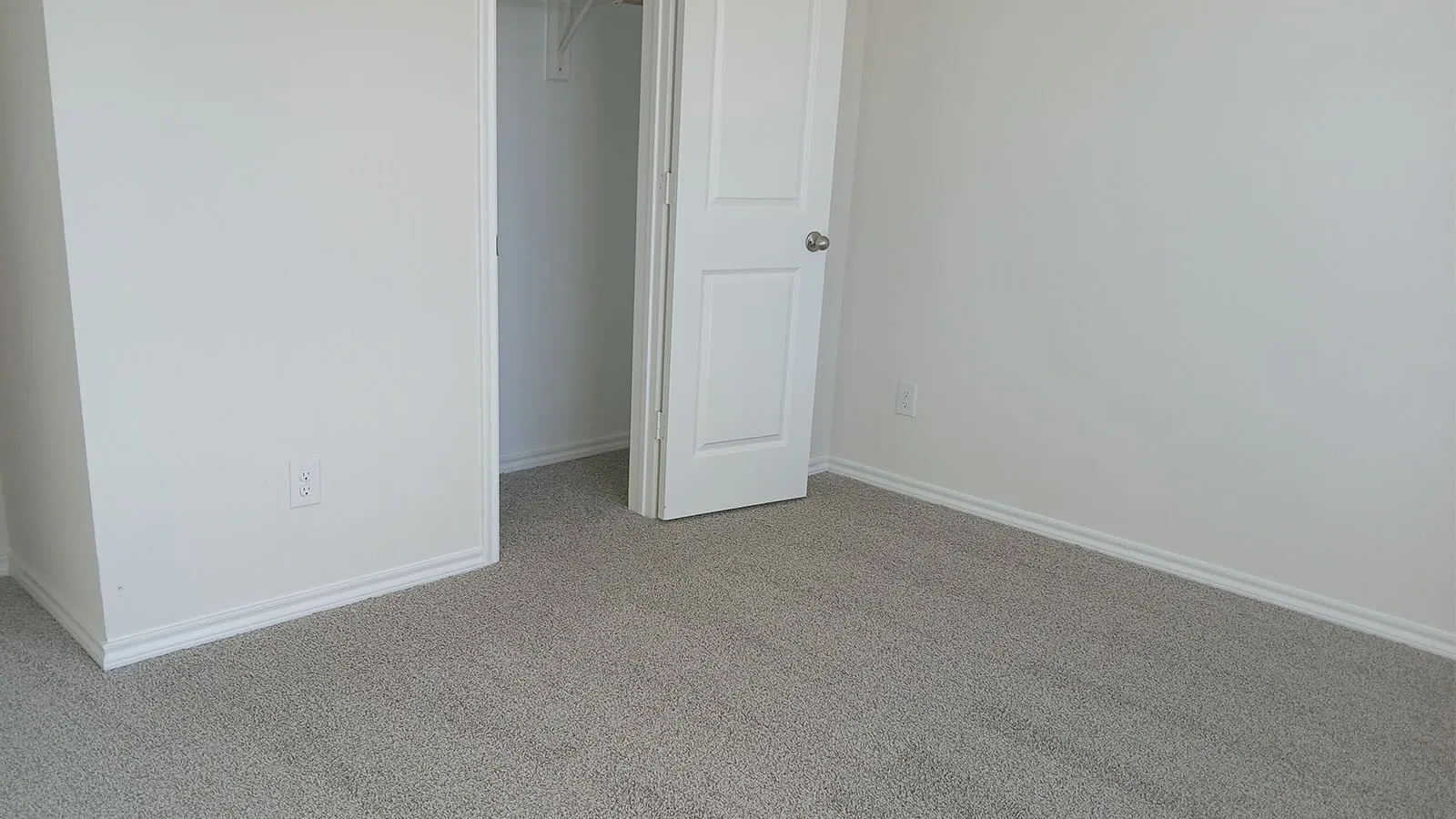 Neutral-toned wall-to-wall carpeting, white painted walls, and a white interior door with a silver knob