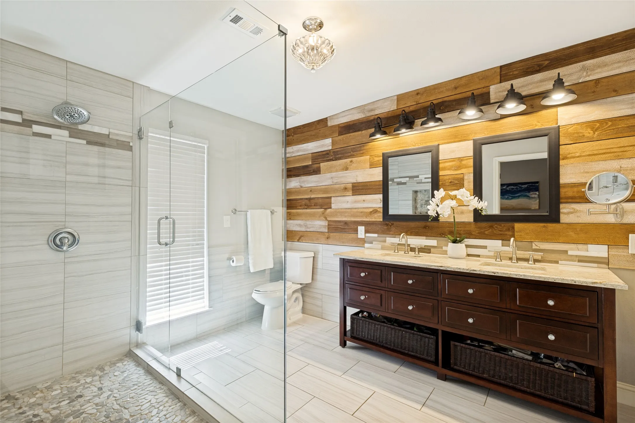 Spacious primary bath with oversized shower.