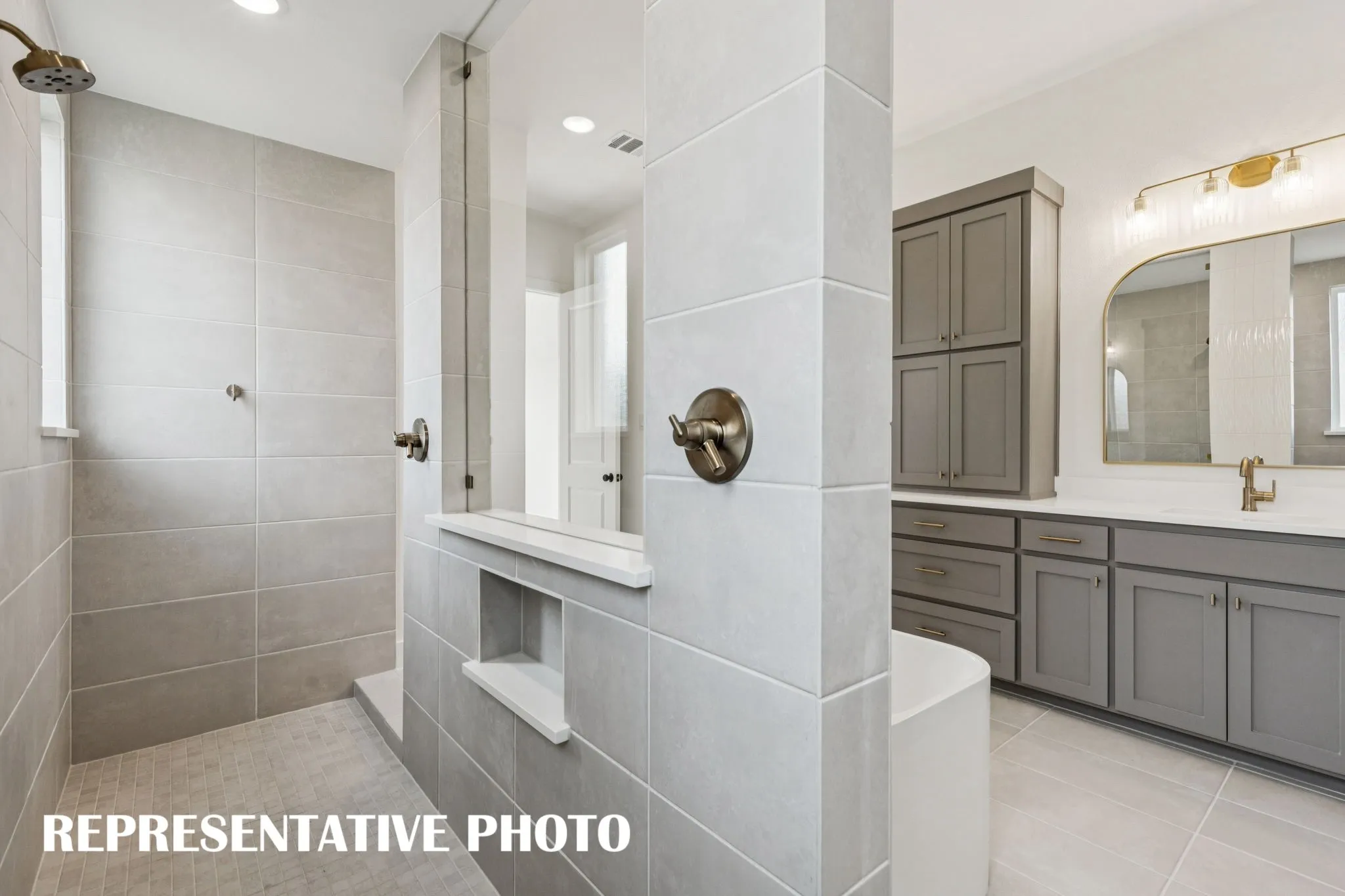 The dream owner's bath continues when you experience our signature walk through double shower with drying areas and a free standing tub!  REPRESENTATIVE PHOTO