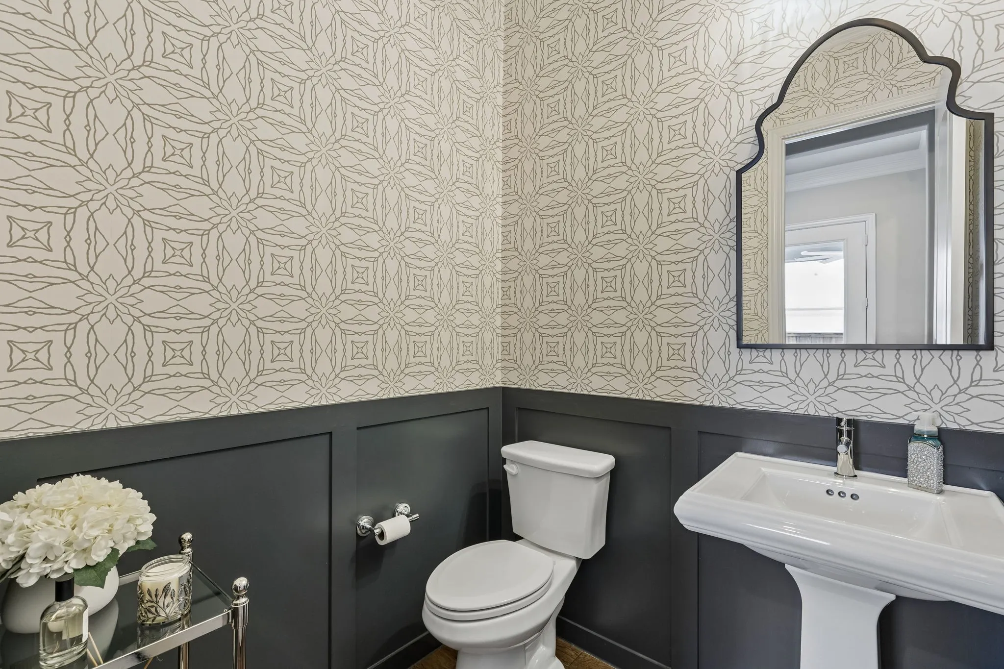 The half bathroom is perfect for guests.