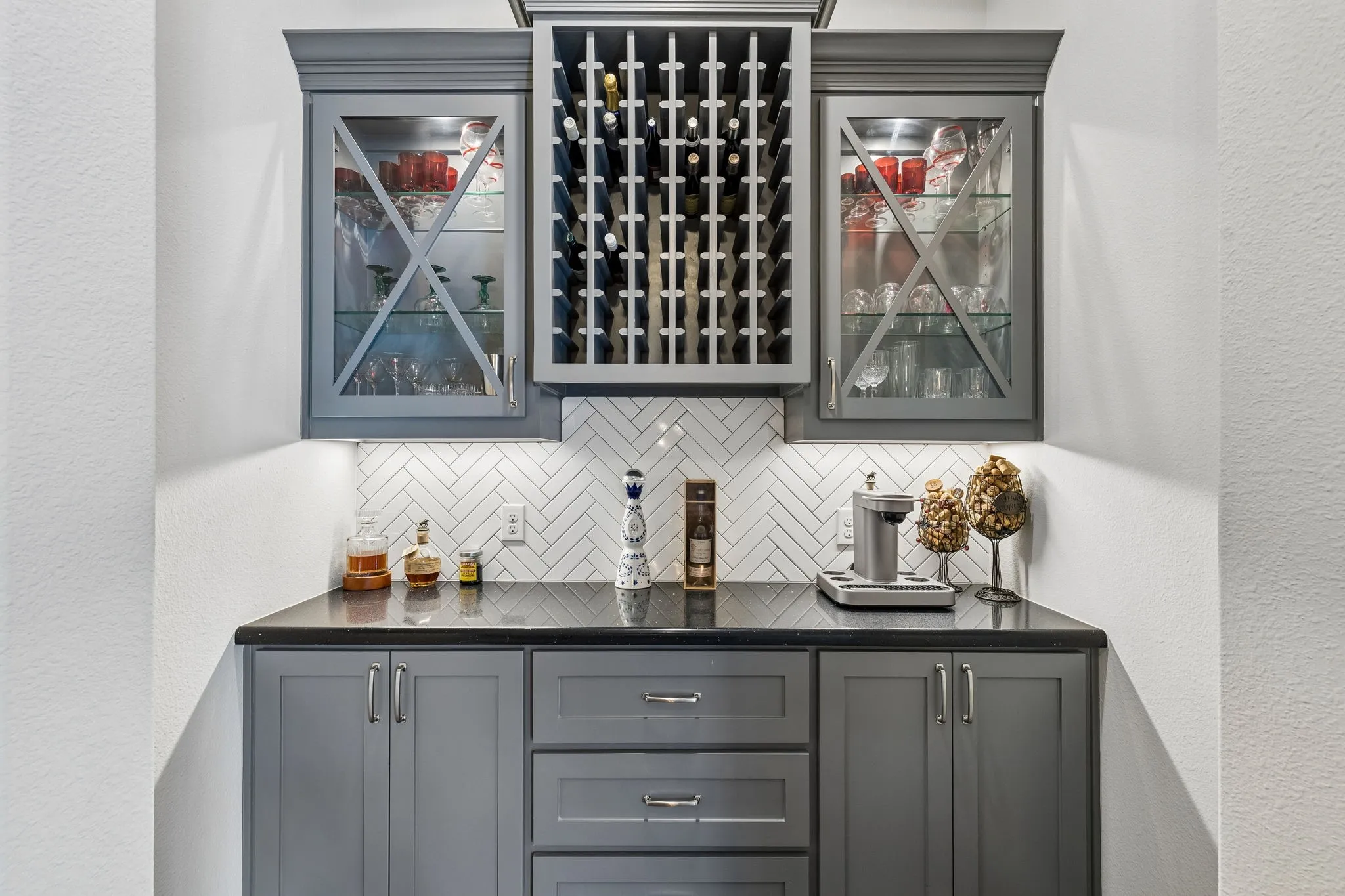 Beautiful wine bar with so much storage.