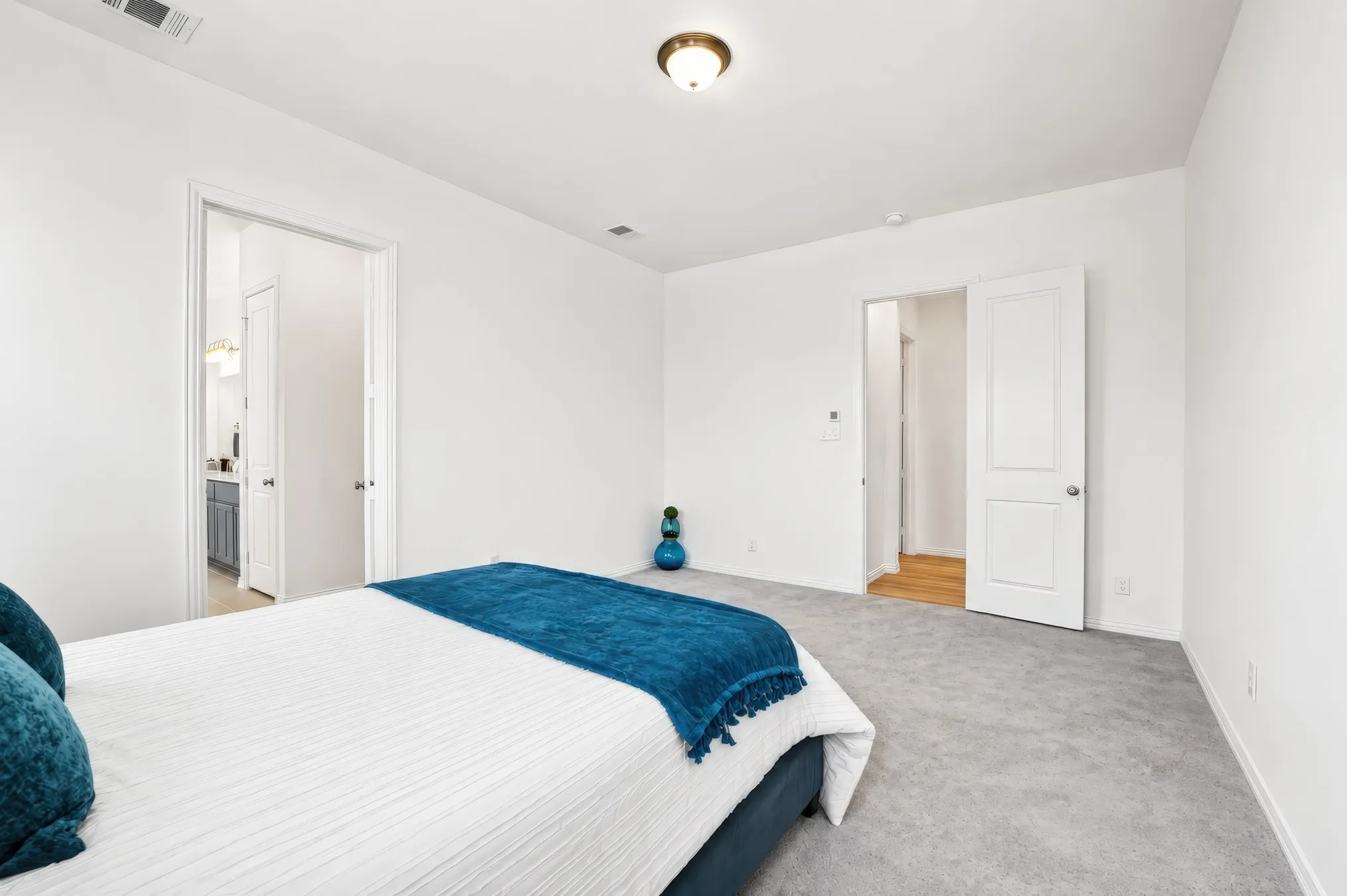Recessed lighting, wall-to-wall carpeting, and a ceiling-mounted light fixture