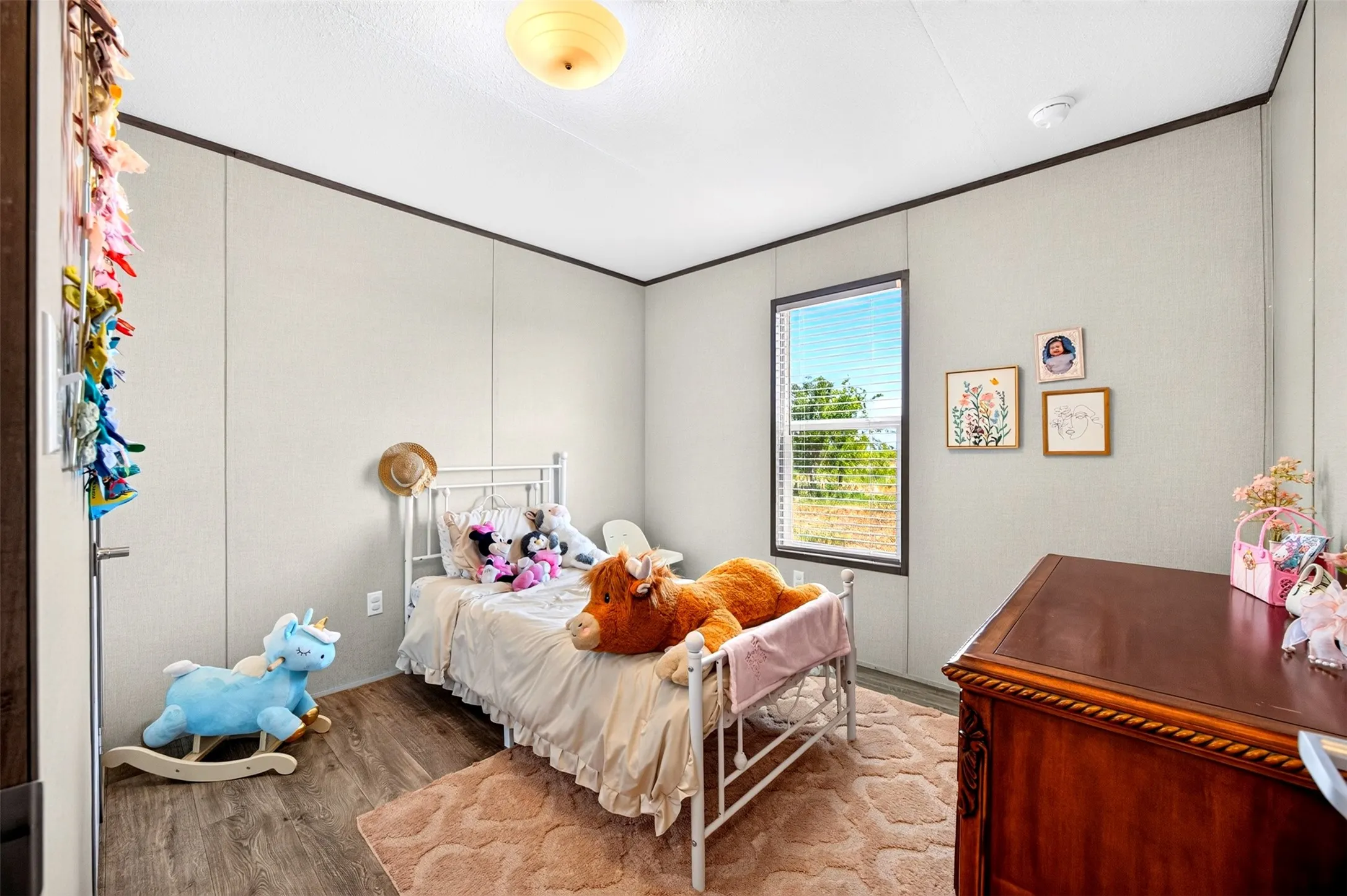 Wood-finish flooring, a ceiling-mounted light fixture, and a window with blinds