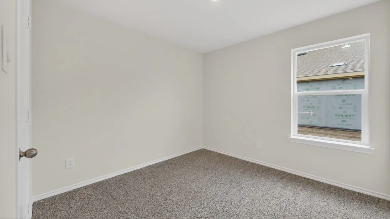 Neutral wall paint, plush carpet flooring, recessed ceiling lighting, and a single window
