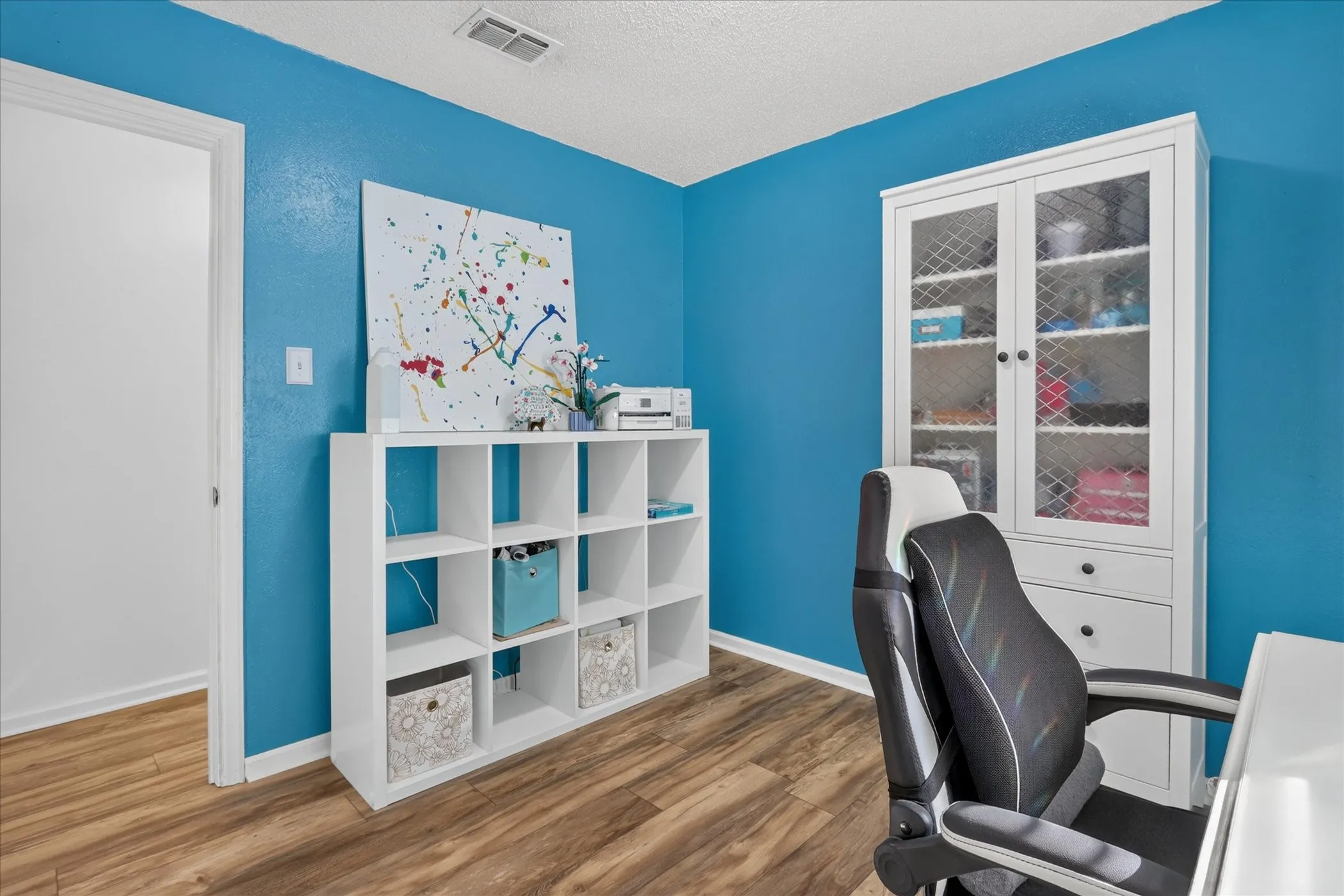 Wood-finish flooring with white trim