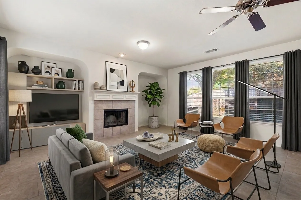 Furniture and decor is Virtually Staged for this photo of the living room.