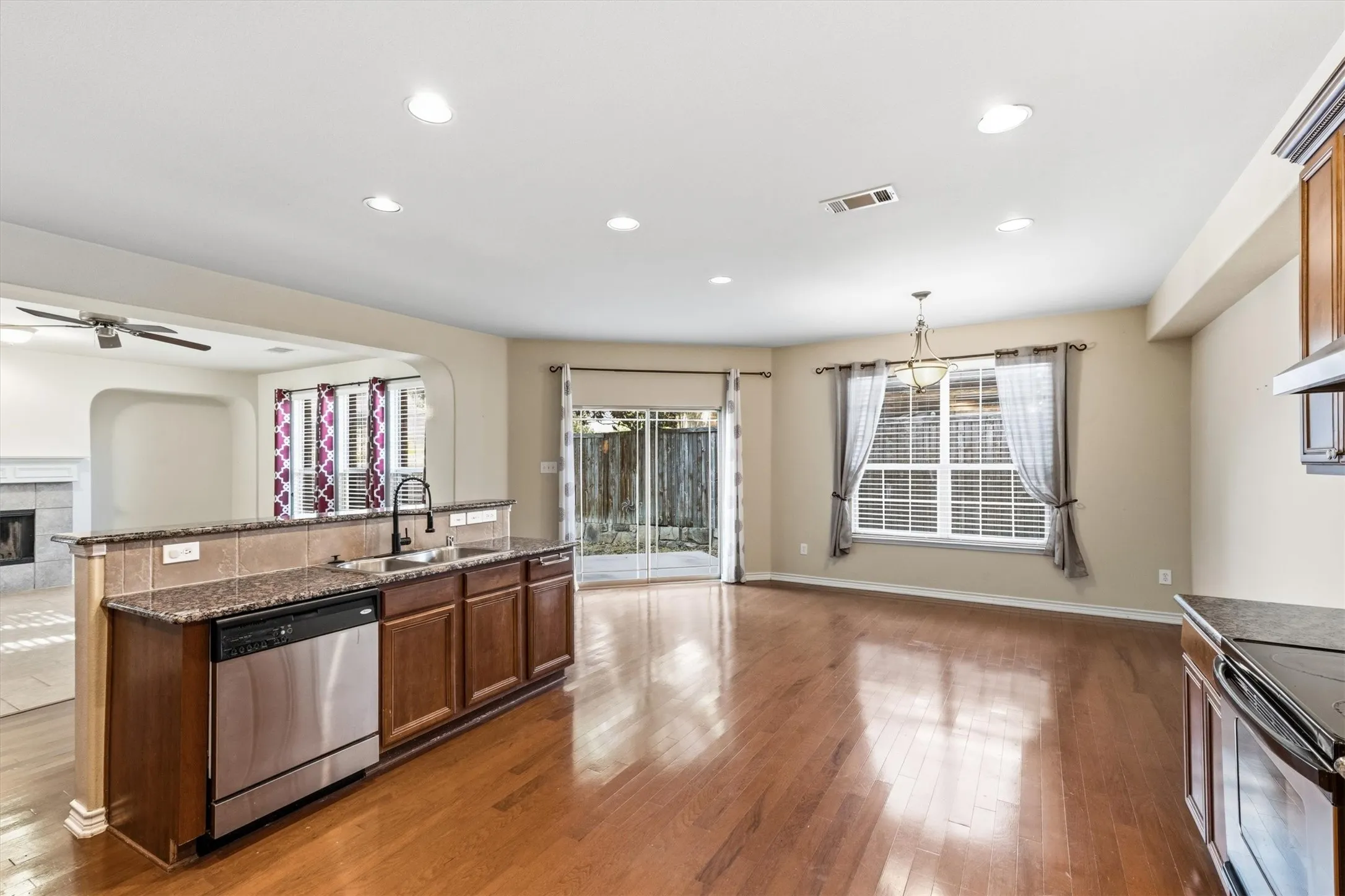 Open kitchen with space for breakfast table. Plenty of counter space as well as cabinets. Walk-in Pantry.