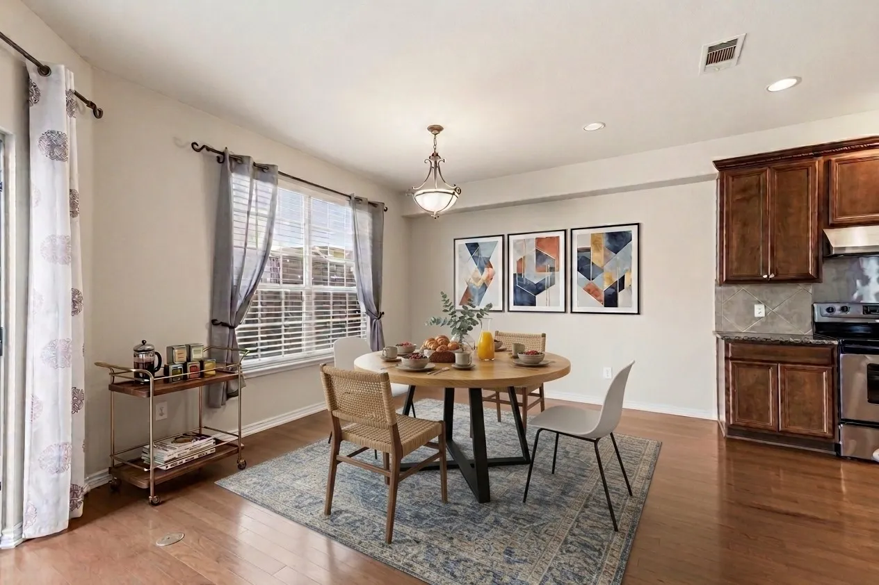 Furniture and decor is virtually staged for the Breakfast nook within the kitchen of this photo.