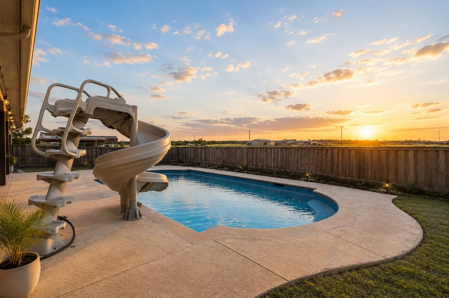 Concrete patio with an inground pool, integrated slide, and a wood privacy fence
