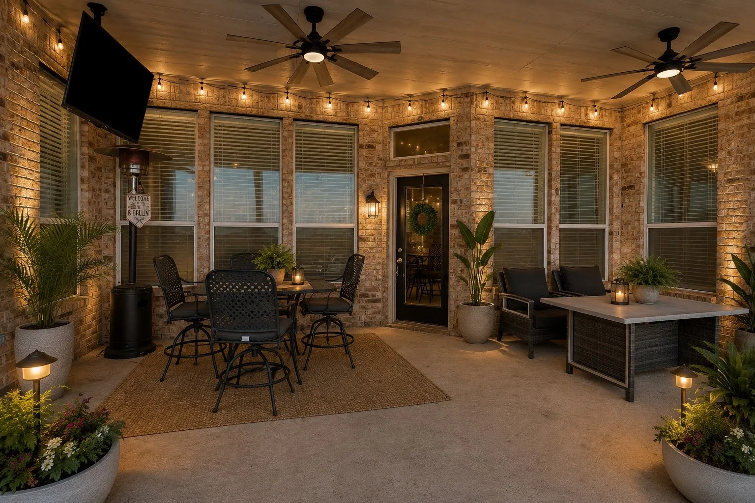 Covered patio with brick exterior, multiple ceiling fans, recessed lighting, and a glass-paneled door