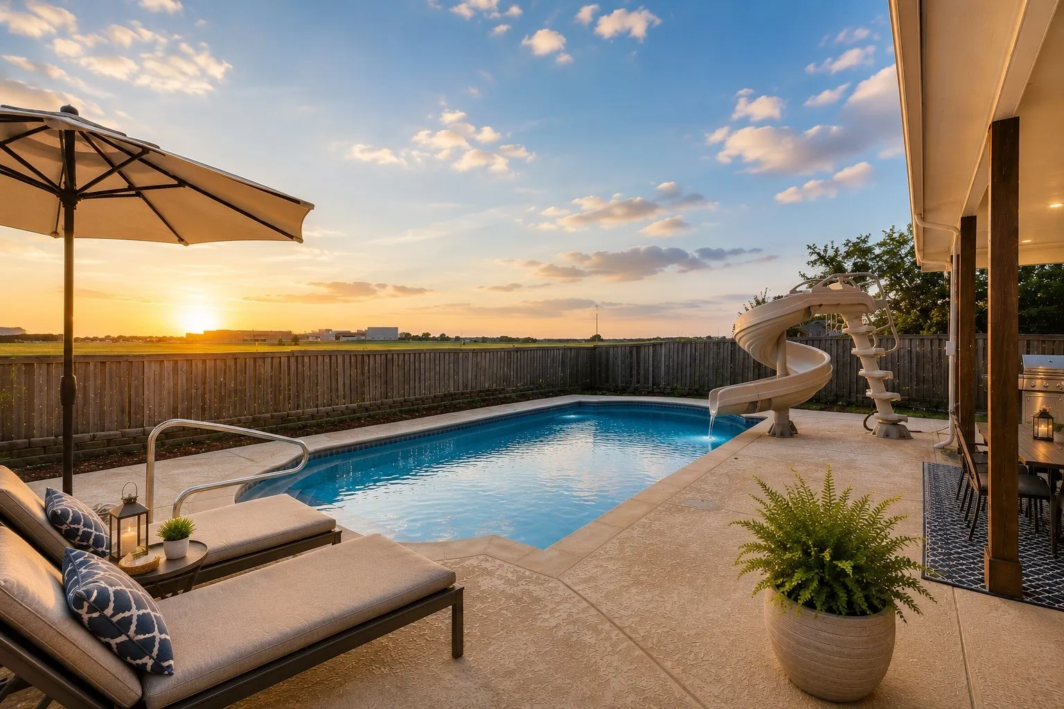In-ground swimming pool with a spiral slide, concrete surround, and a privacy fence