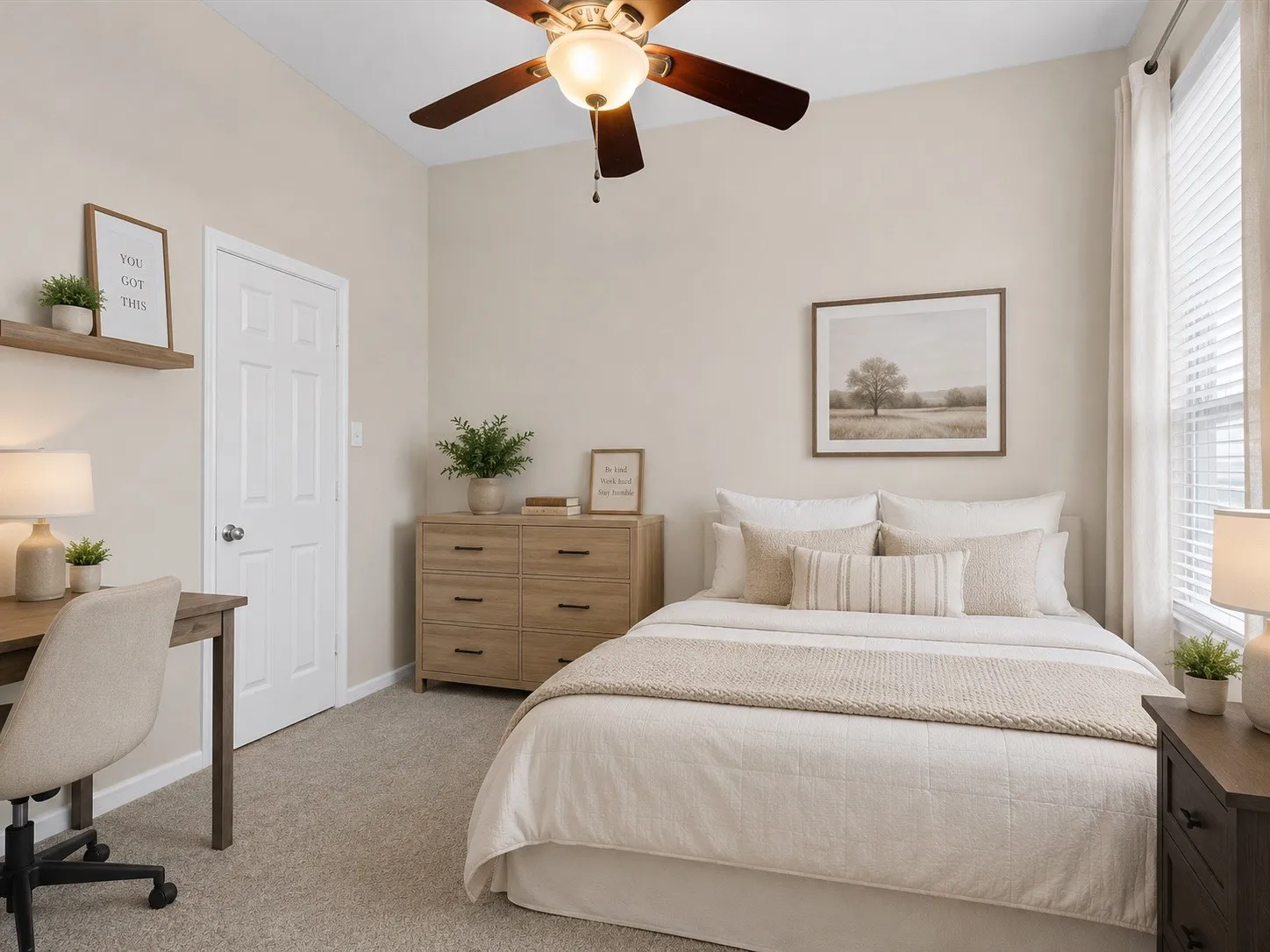 Neutral wall paint, ceiling fan, carpet flooring, window with blinds, and white paneled door