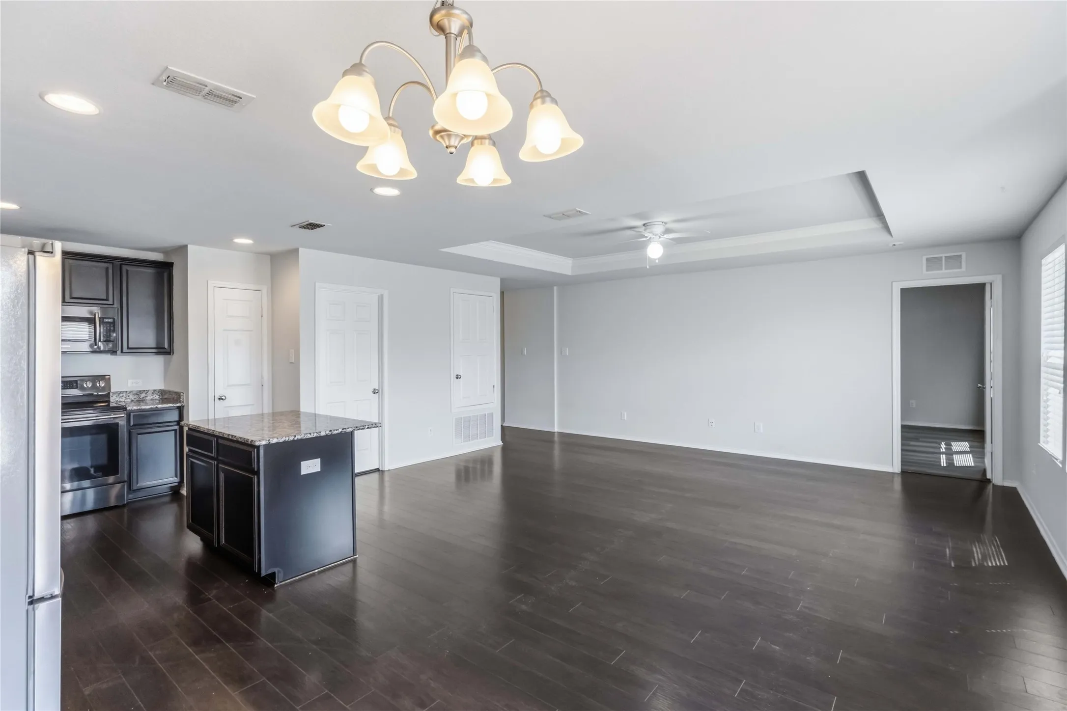 Expansive living area with dark wood-finish flooring, a kitchen island with stone countertop, stainless steel appliances, and a tray ceiling with a ceiling fan