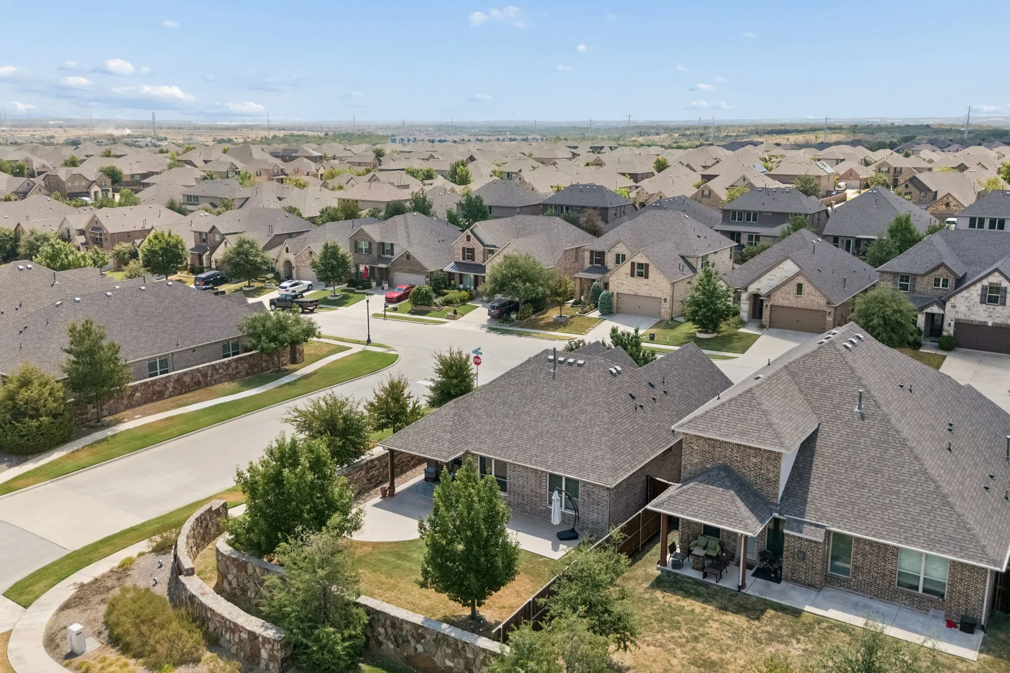 Expansive residential community featuring diverse architectural styles, asphalt shingle roofs, and concrete driveways