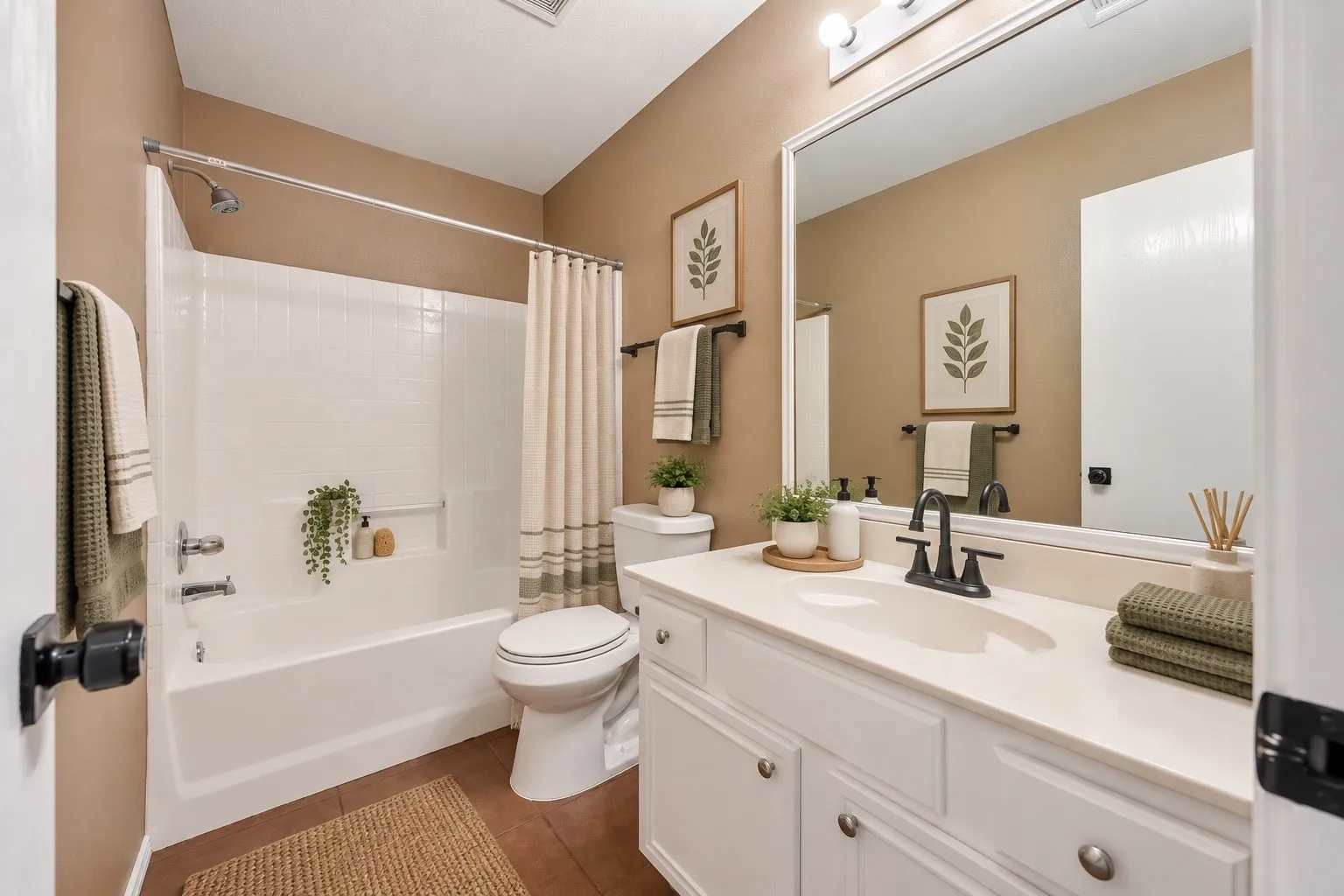 Bathroom featuring a white vanity with integrated sink, white cabinetry, a large framed mirror, and a shower-tub combination