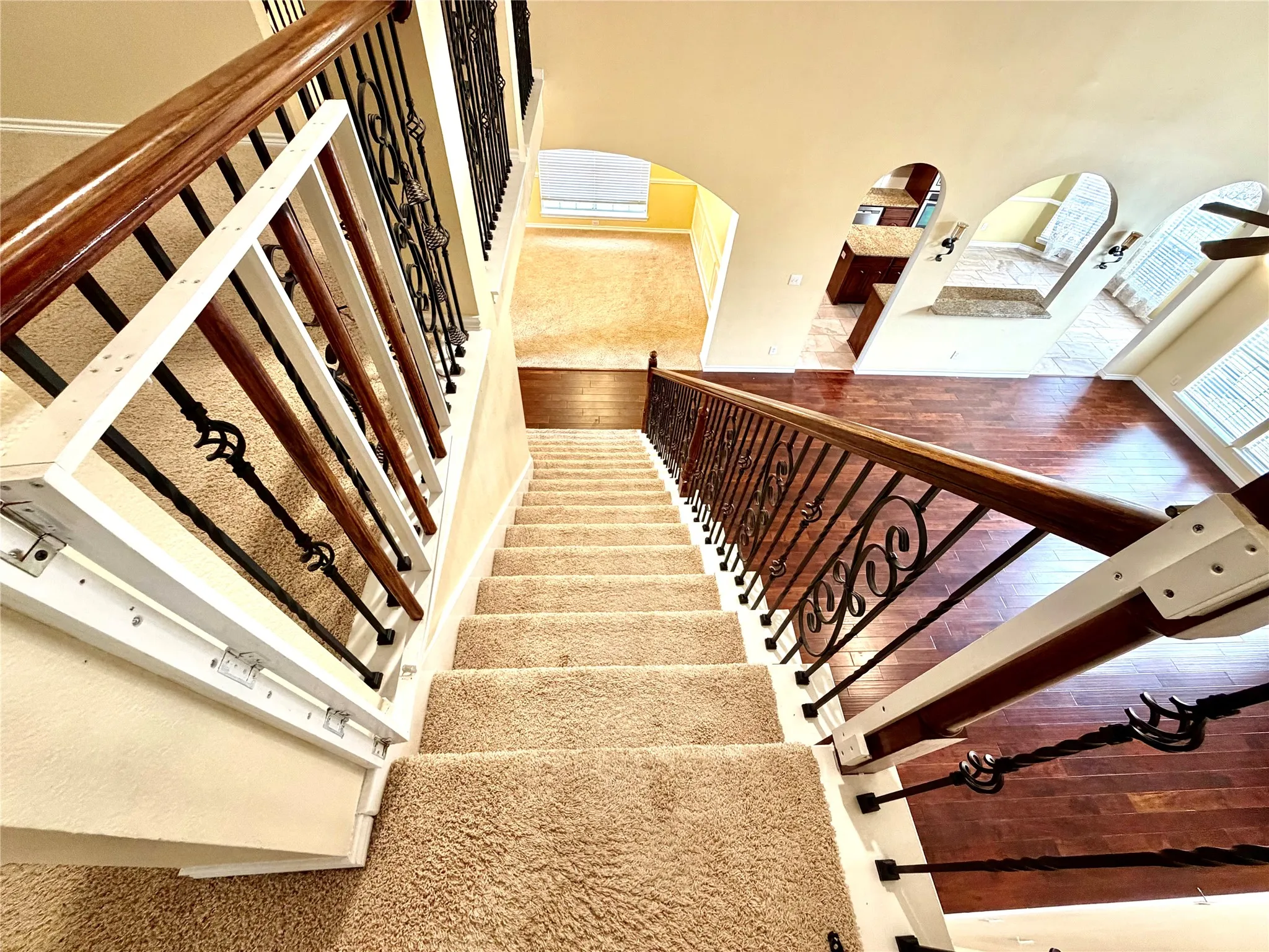 Staircase featuring wood handrails, wrought iron balusters, and plush carpeted treads