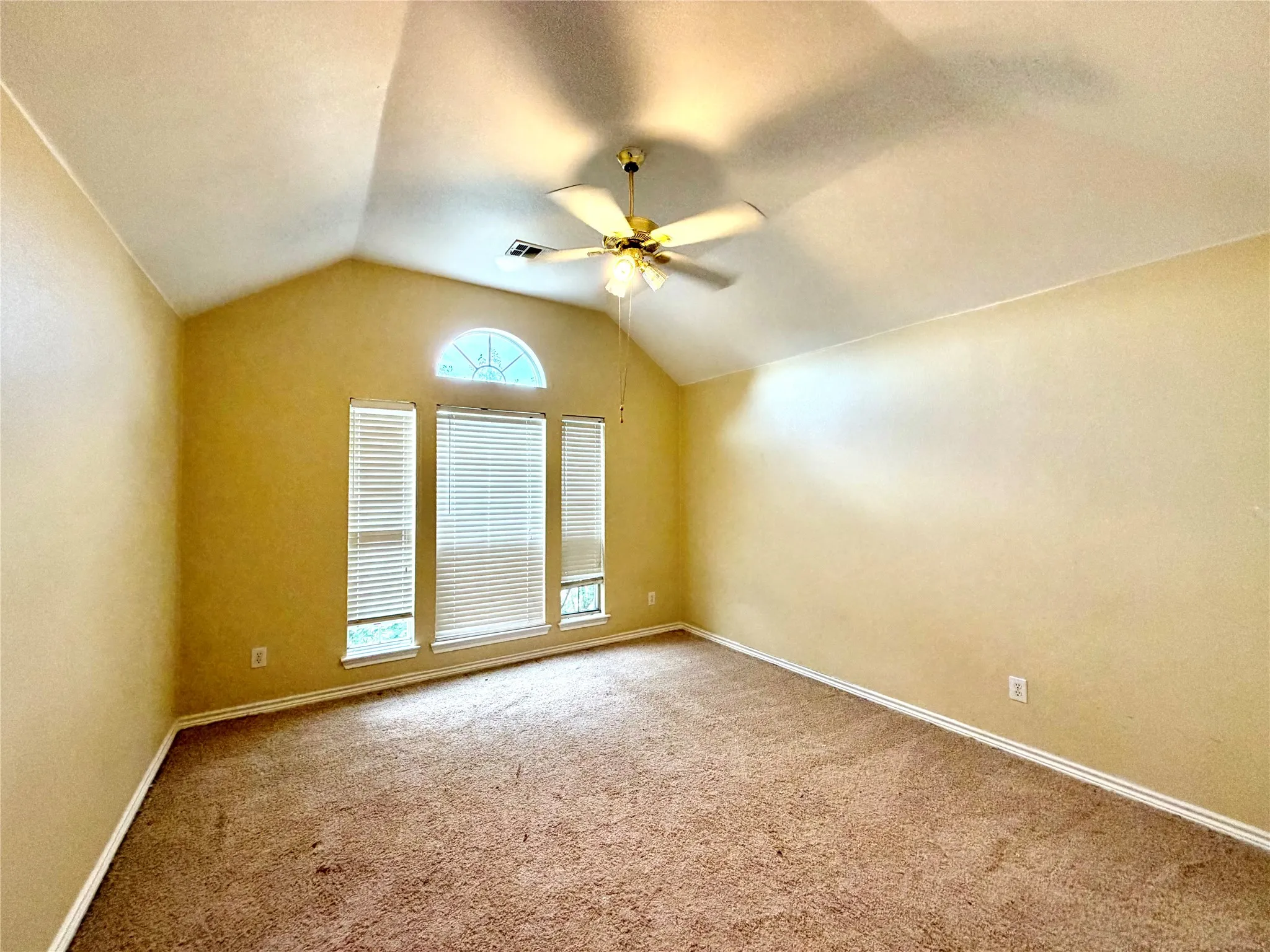 Vaulted ceiling, ceiling fan, arched transom window, multiple vertical windows, and carpet flooring