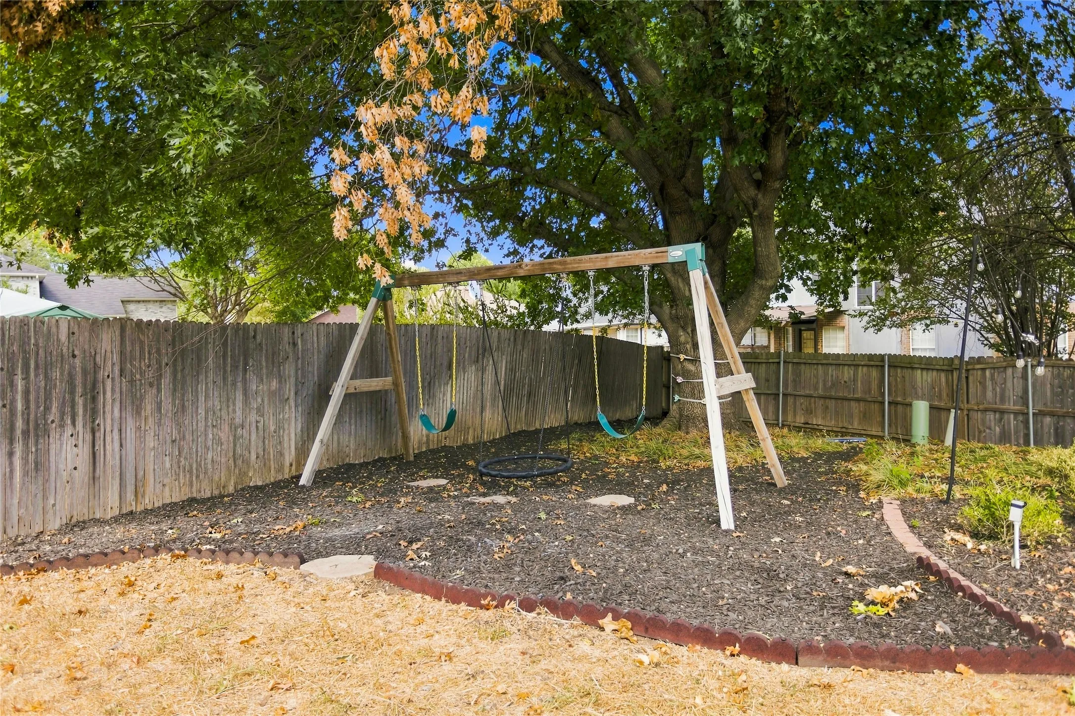 Swing set to the left of the pool in backyard
