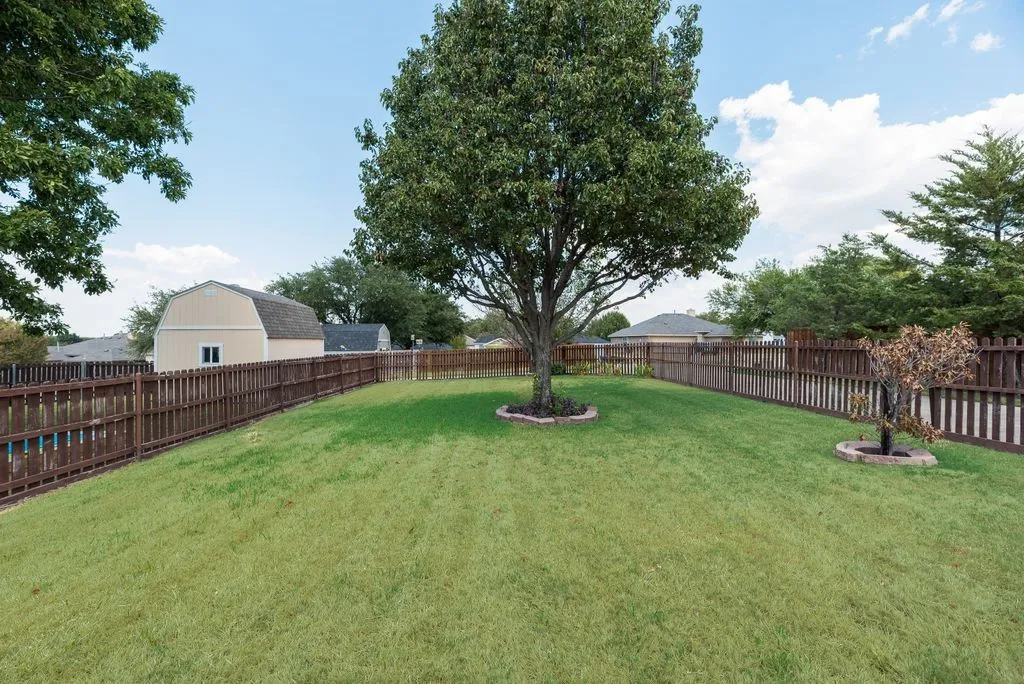 Expansive green lawn with mature trees and a sturdy wood fence