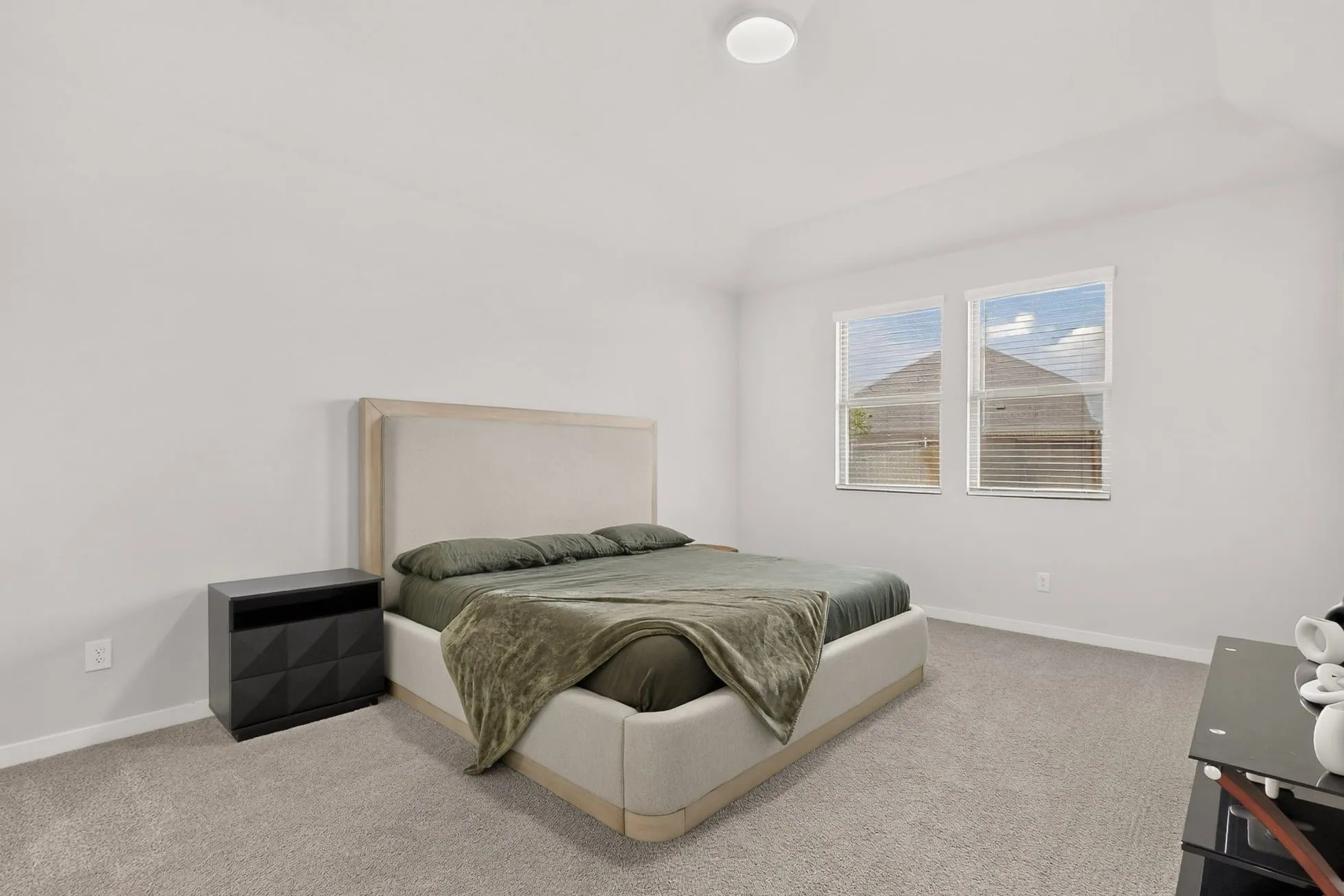 Recessed ceiling with a flush-mount light fixture, two windows with blinds, and light-colored carpeting