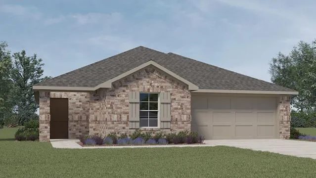 View of front facade with a garage, a shingled roof, a front lawn, and concrete driveway