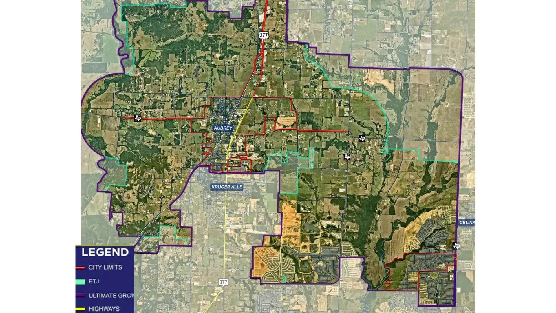 City Planning Map. Displaying city limits, extraterritorial jurisdiction, ultimate growth areas, and highway infrastructure for the property