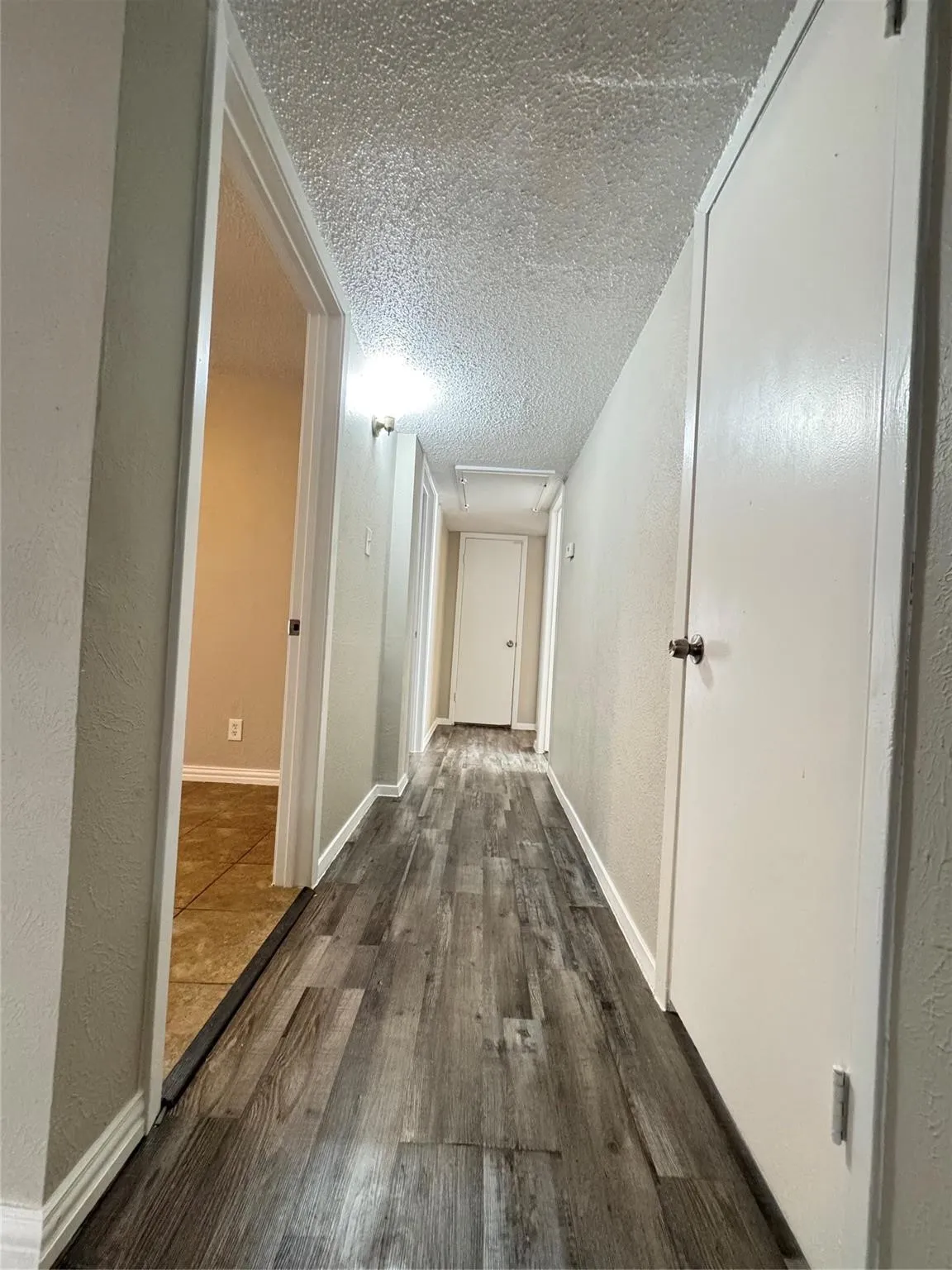 Wood-finish flooring extending through the hallway