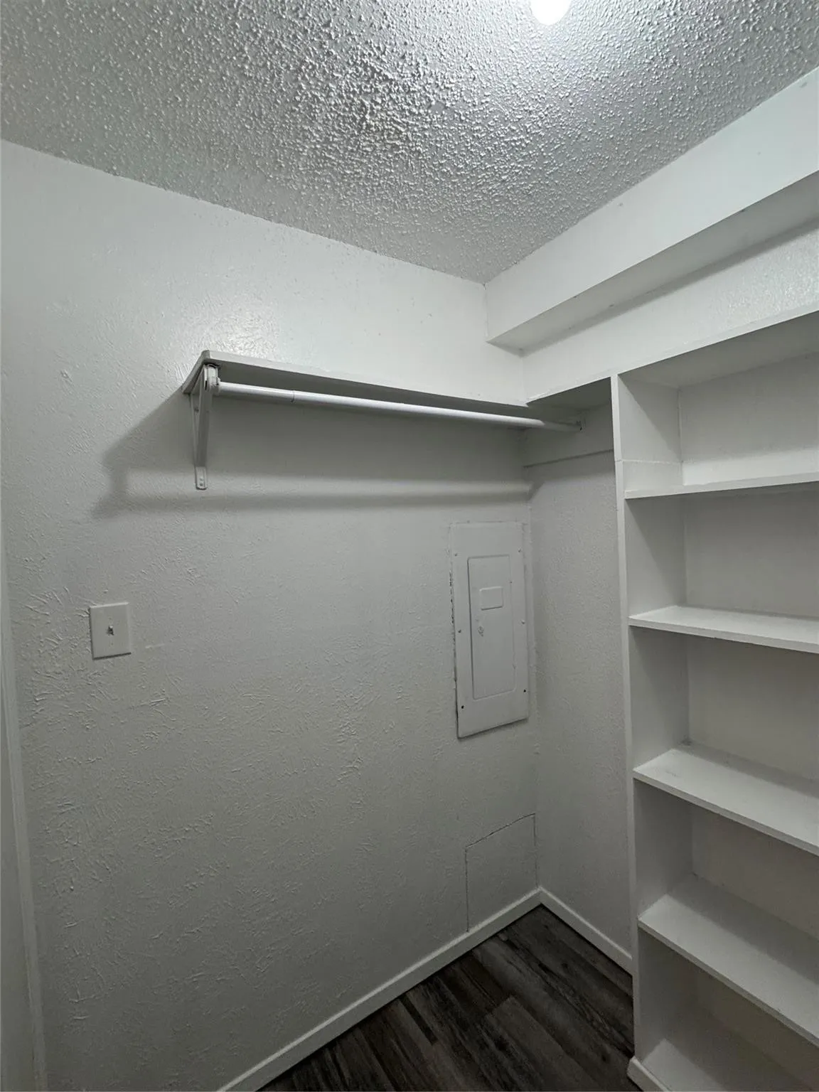 Built-in shelving, hanging rod, and wood-finish flooring
