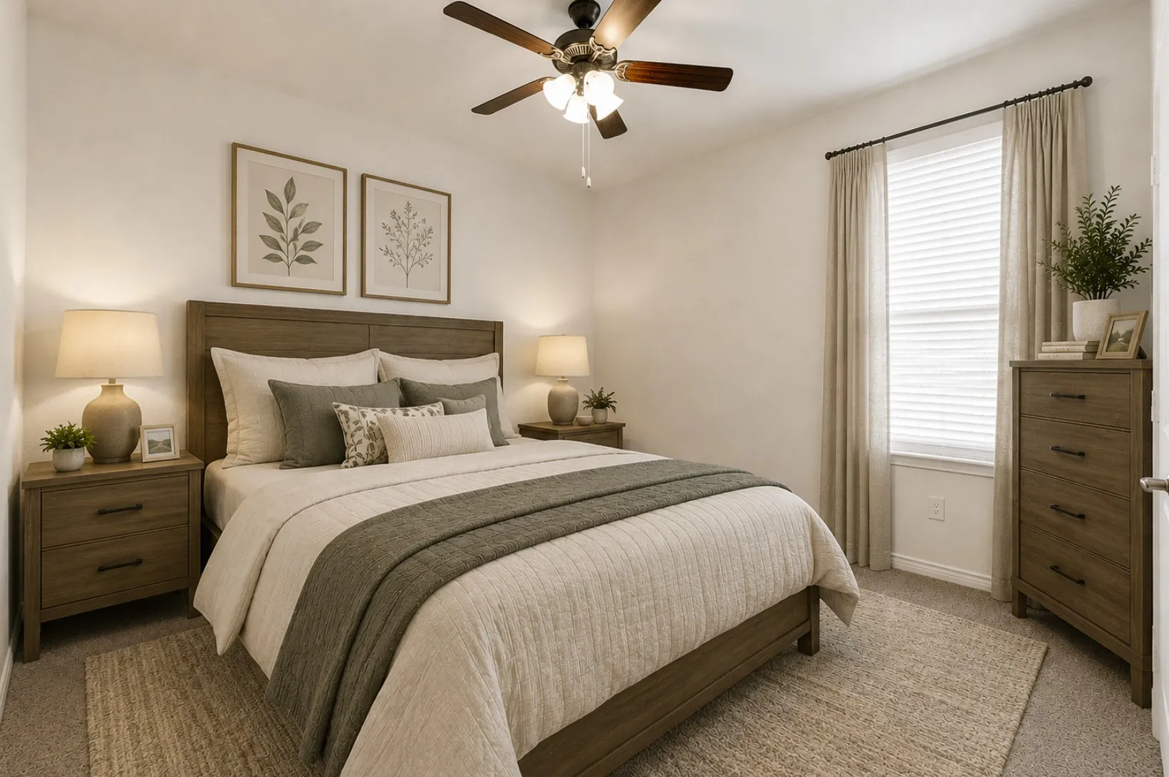 Soft neutral carpeting pairs with a sunlit window and ceiling fan to highlight this cozy secondary bedroom layout. Perfect for giving family or visiting guests a quiet, comfortable space of their own to relax. *Virtually Staged*