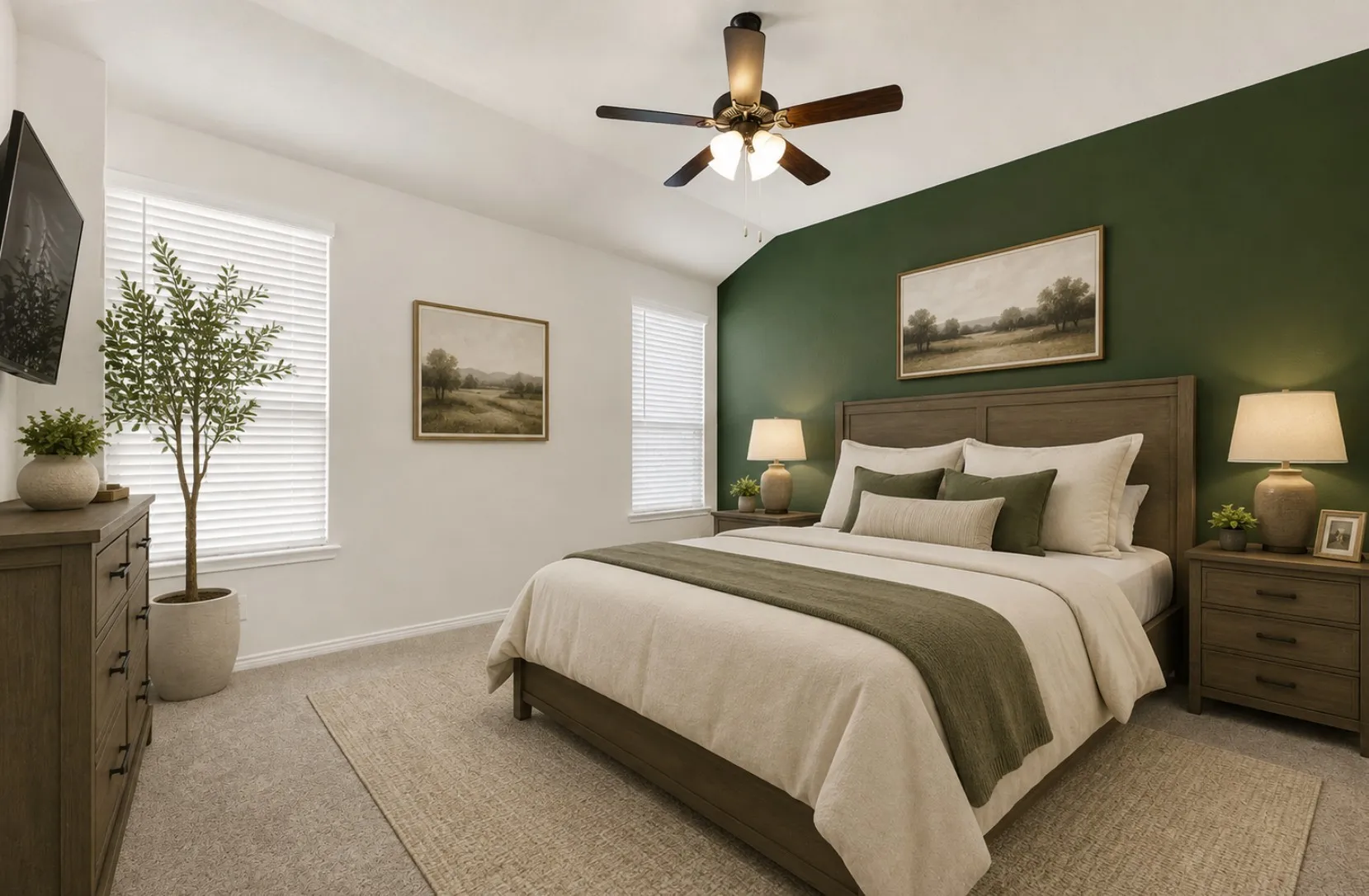This angle of the primary suite showcases the soothing green accent wall that grounds the expansive, carpeted room beneath a vaulted ceiling and modern ceiling fan. It serves as a calm sanctuary where you can truly escape the day and recharge in peaceful comfort. *Virtually Staged*