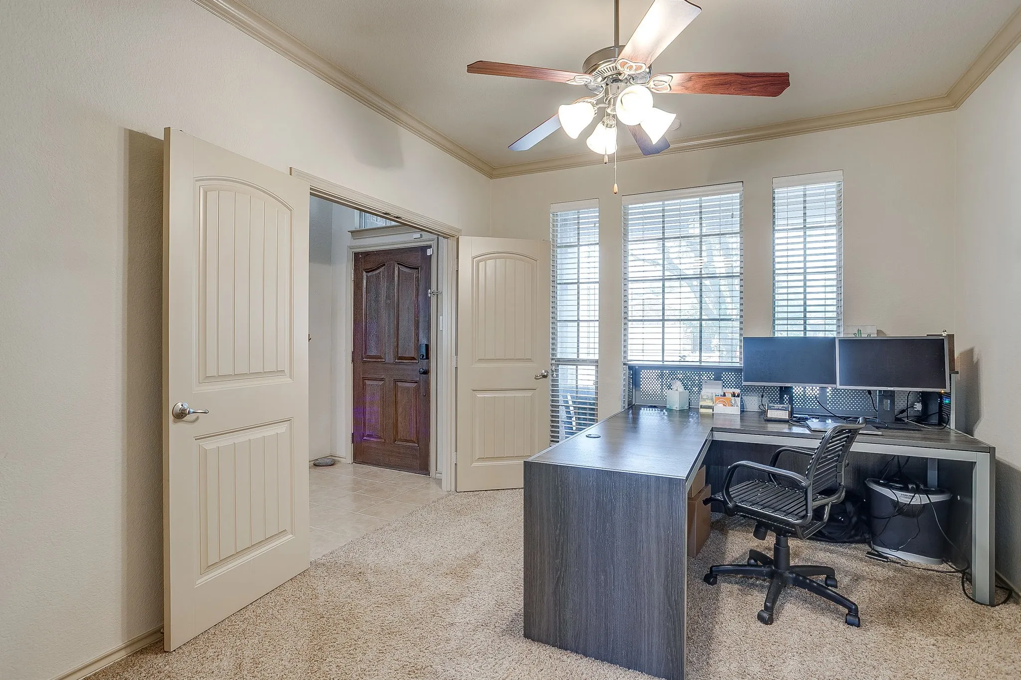 Carpet, double doors and ceiling fan in office.