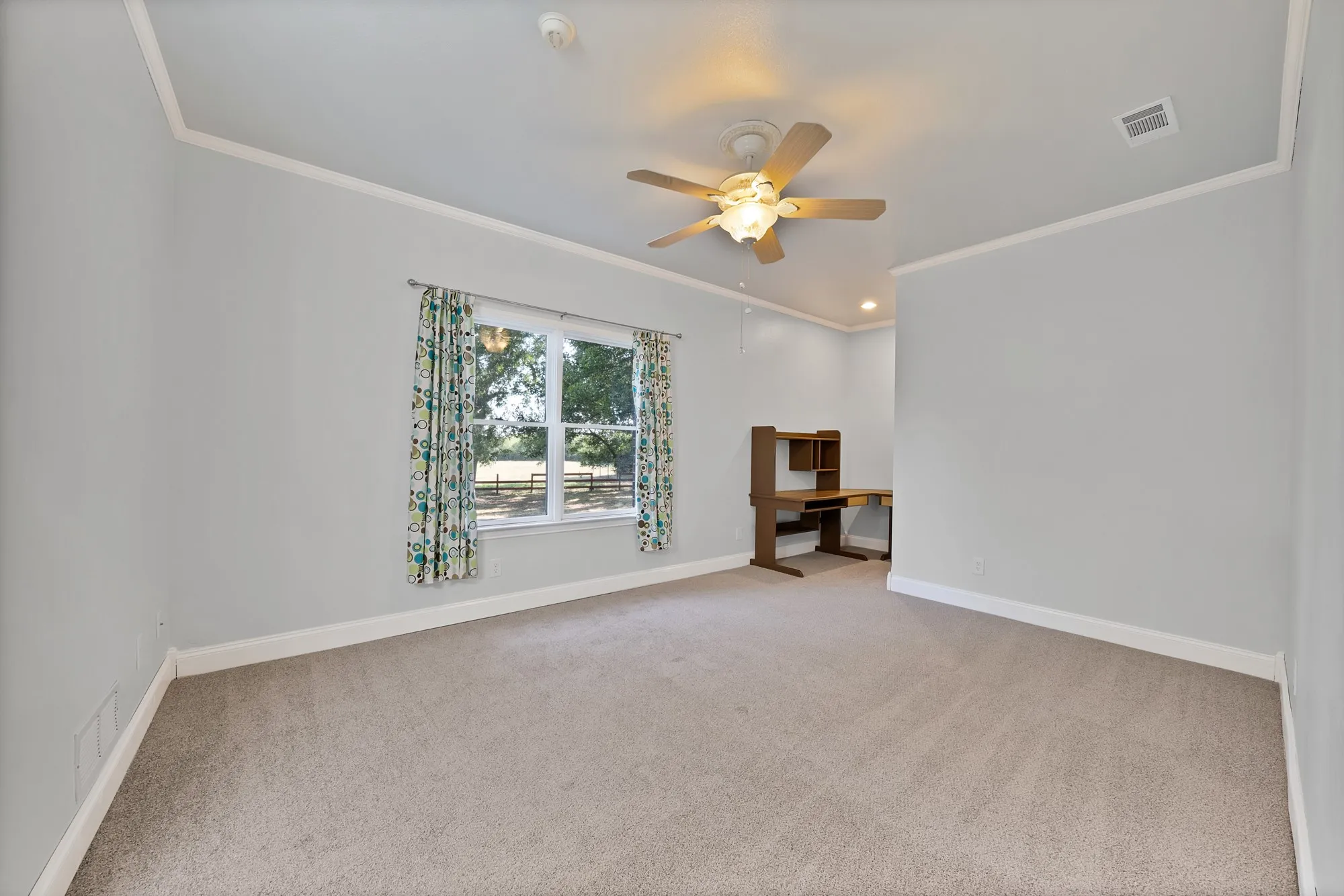 Large bedroom with a walk in closet, fresh carpet, and paint.