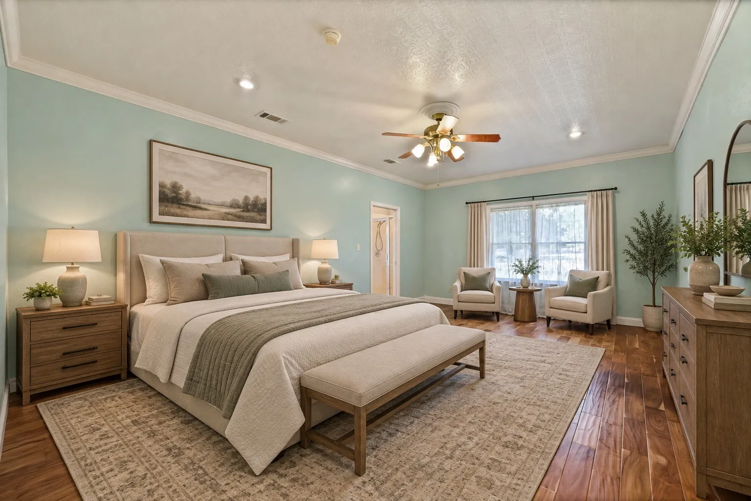 Photo has been virtually staged. Hardwood flooring, crown molding, ceiling fan, recessed lighting, and large window with drapes