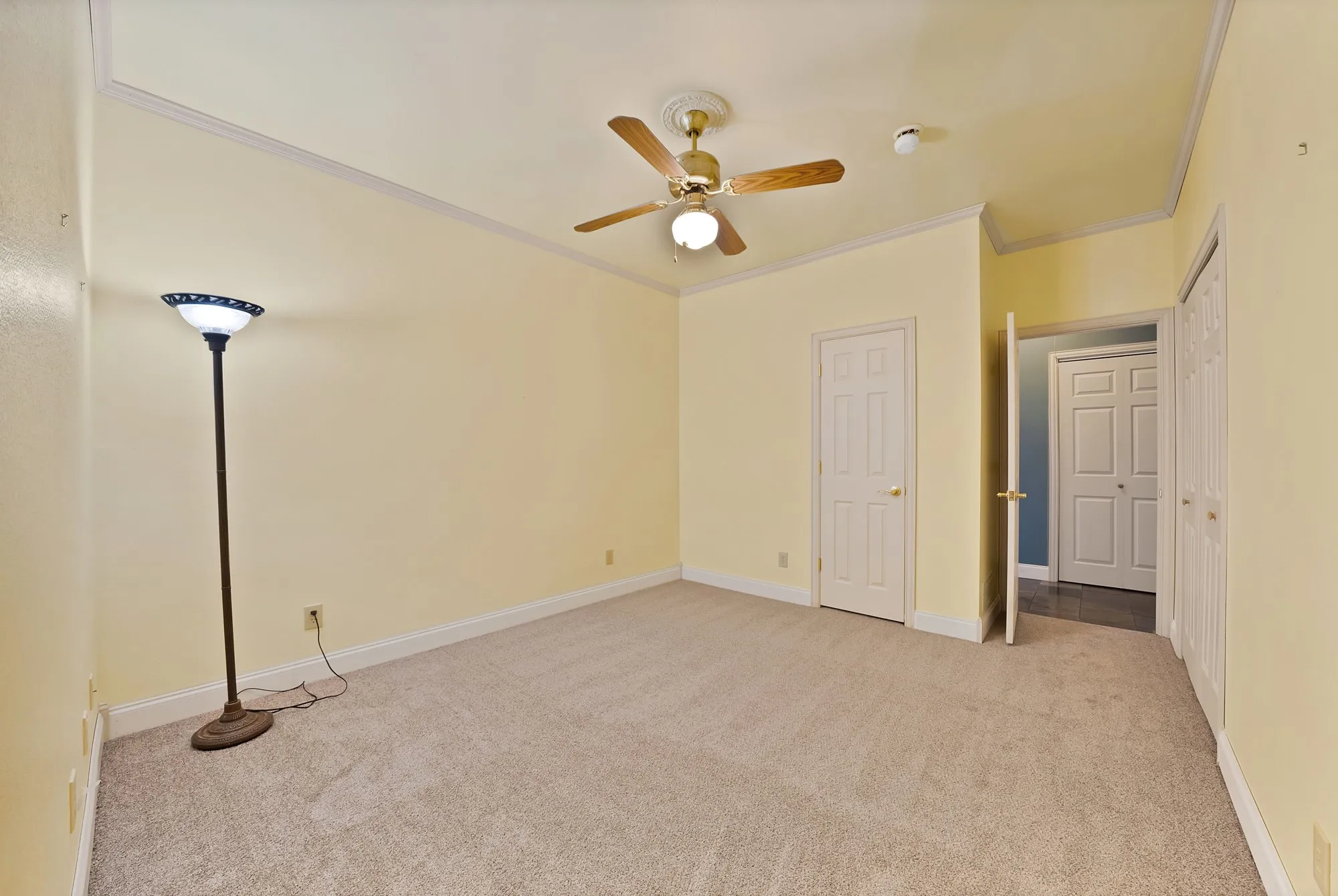 New carpet, crown molding, ceiling fan with light fixture, paneled doors, and a built-in closet