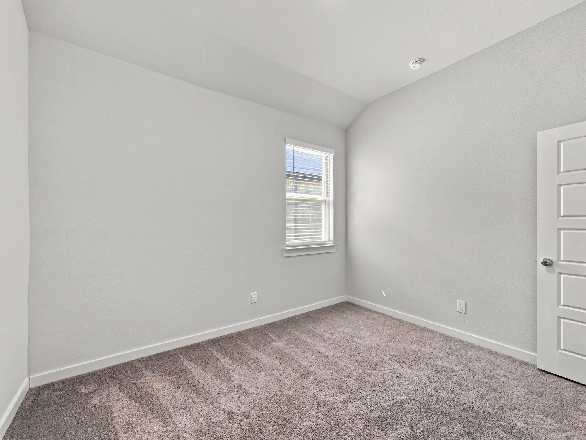 Window with blinds, light gray wall paint, patterned carpet, white trim, paneled door