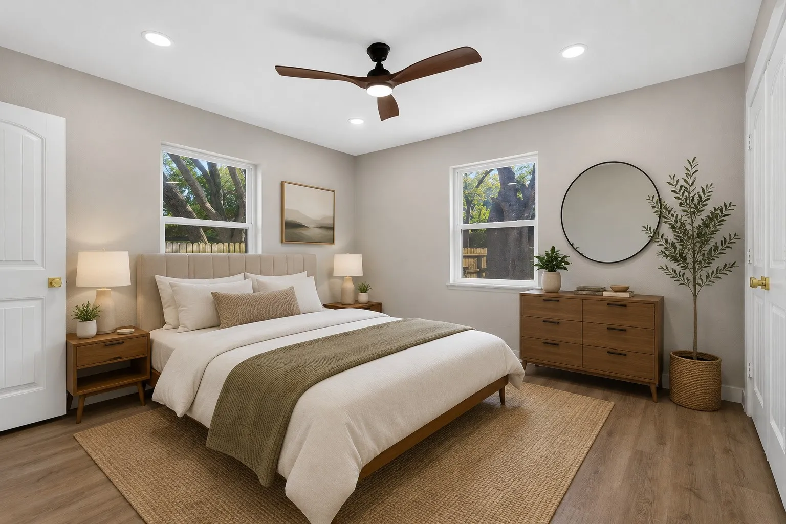 AI Staged: Wood-finish flooring, two windows, recessed lighting, and a ceiling fan with integrated lighting