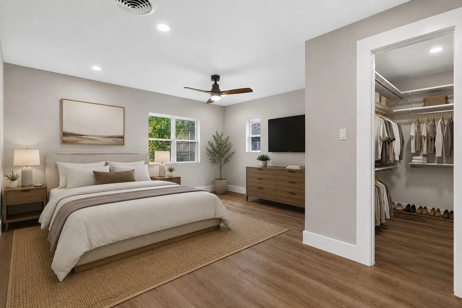 AI staged: Wood-finish flooring, recessed lighting, ceiling fan, multiple windows, and a built-in closet organization system