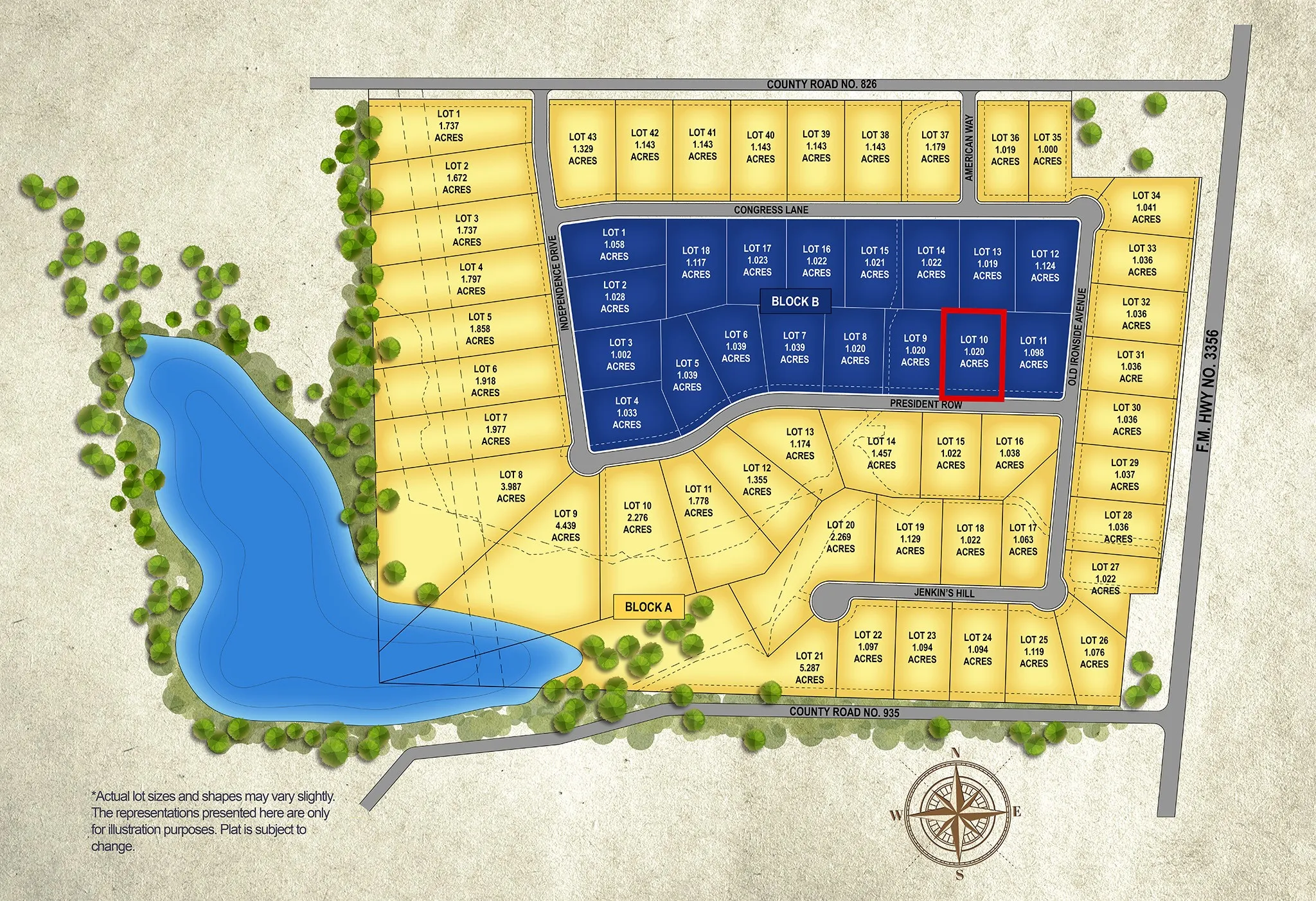 Development Site Plan. Depicting the layout of subdivided lots within a property, including roads, waterways, and lot dimensions