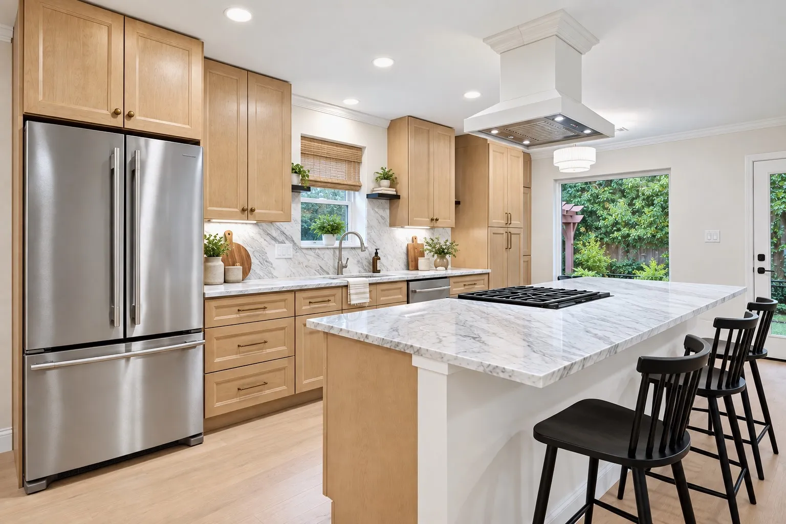 White oak cabinets, gorgeous natural marble, KitchenAid appliances
