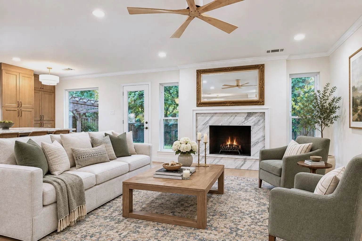 Wired for TV above marble fireplace surround, virtually staged