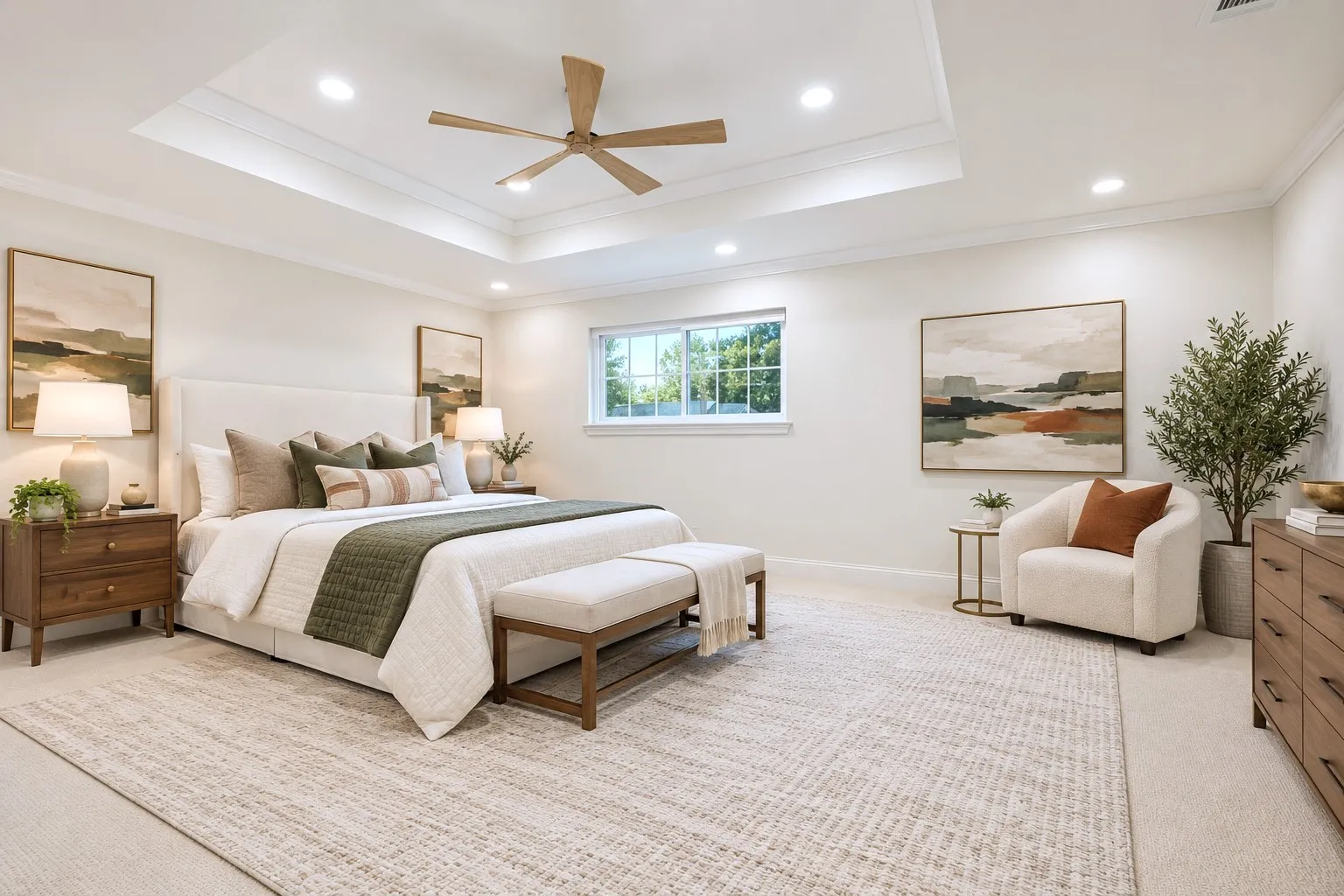 Enormous primary suite with tray ceiling, luxury en suite bathroom, virtually staged