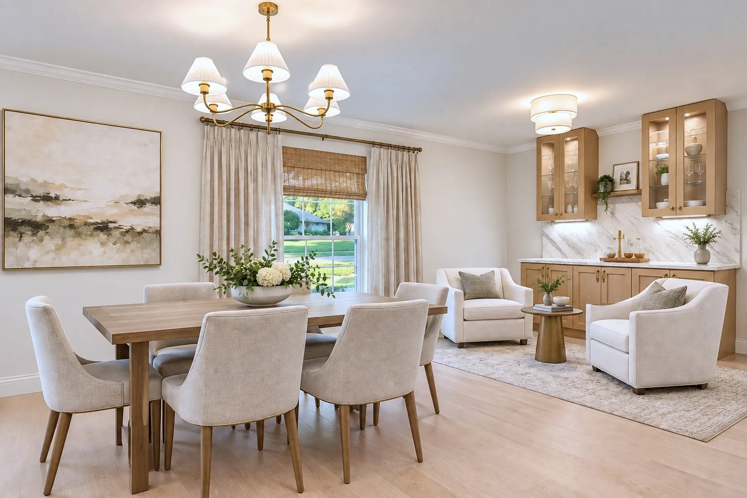 White oak floors and cabinets. Open floor plan with large dining room plus lounge area, virtually staged