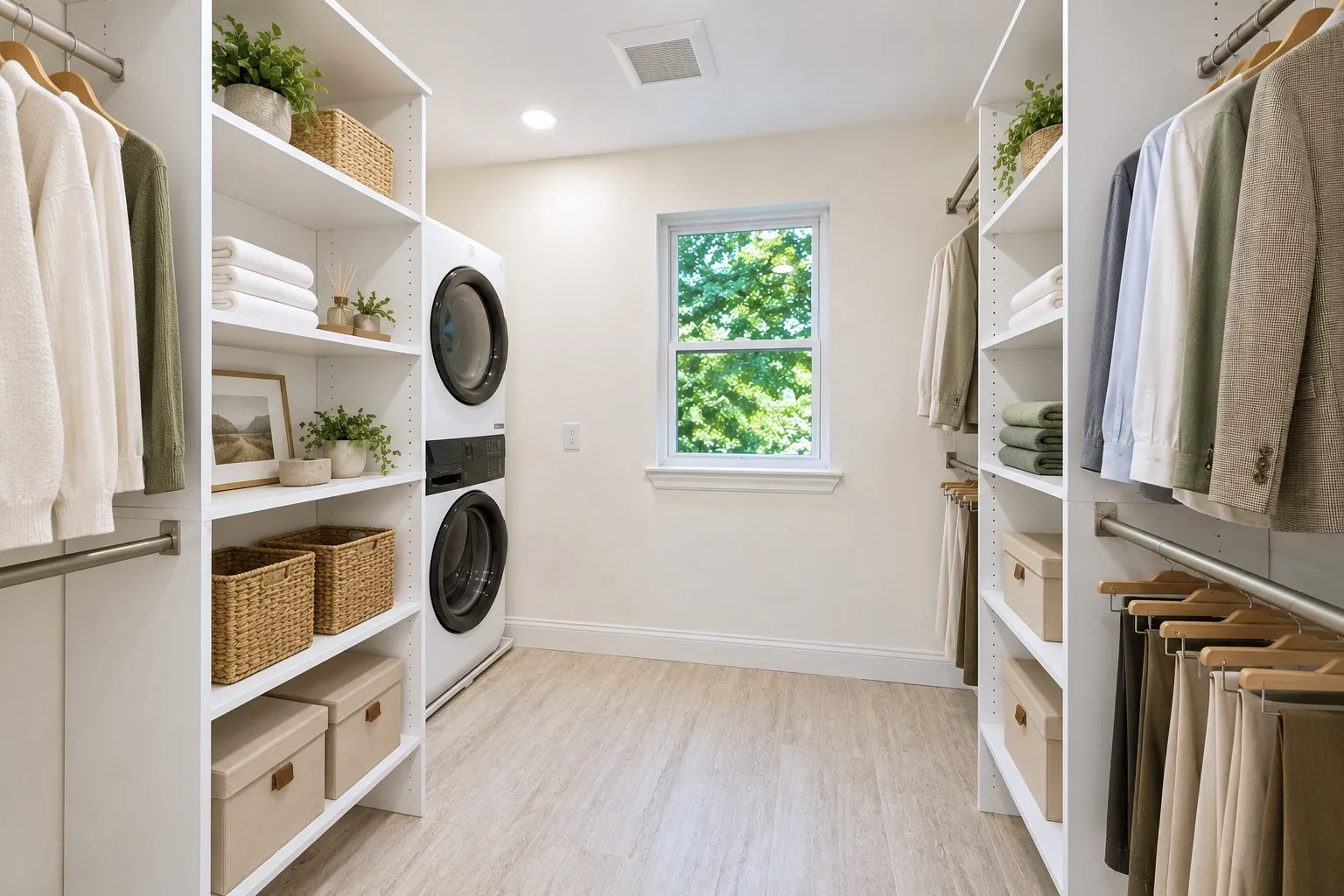 Primary Suite closet with full size Electrolux laundry tower included, virtually staged