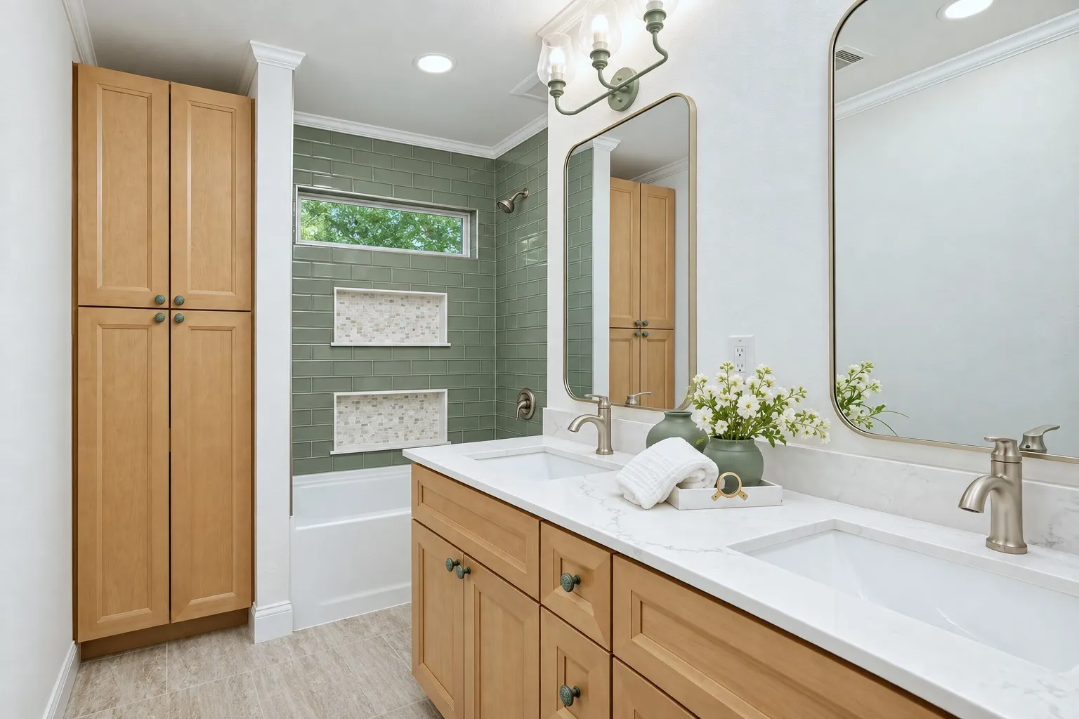 Hall Bathroom upstairs, two sinks, extra linen storage