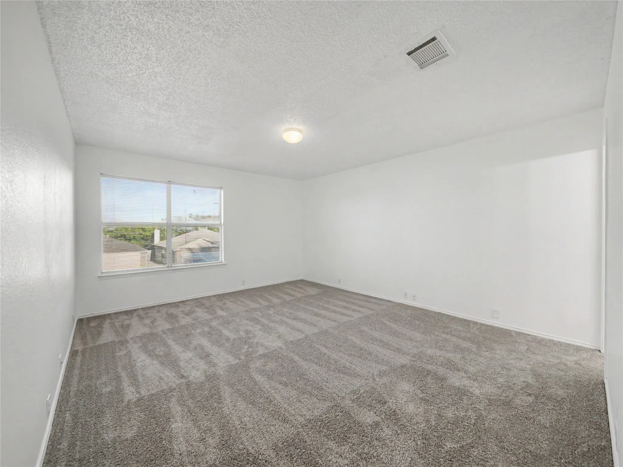Spacious room featuring neutral carpeting, white painted walls, and a large window with blinds